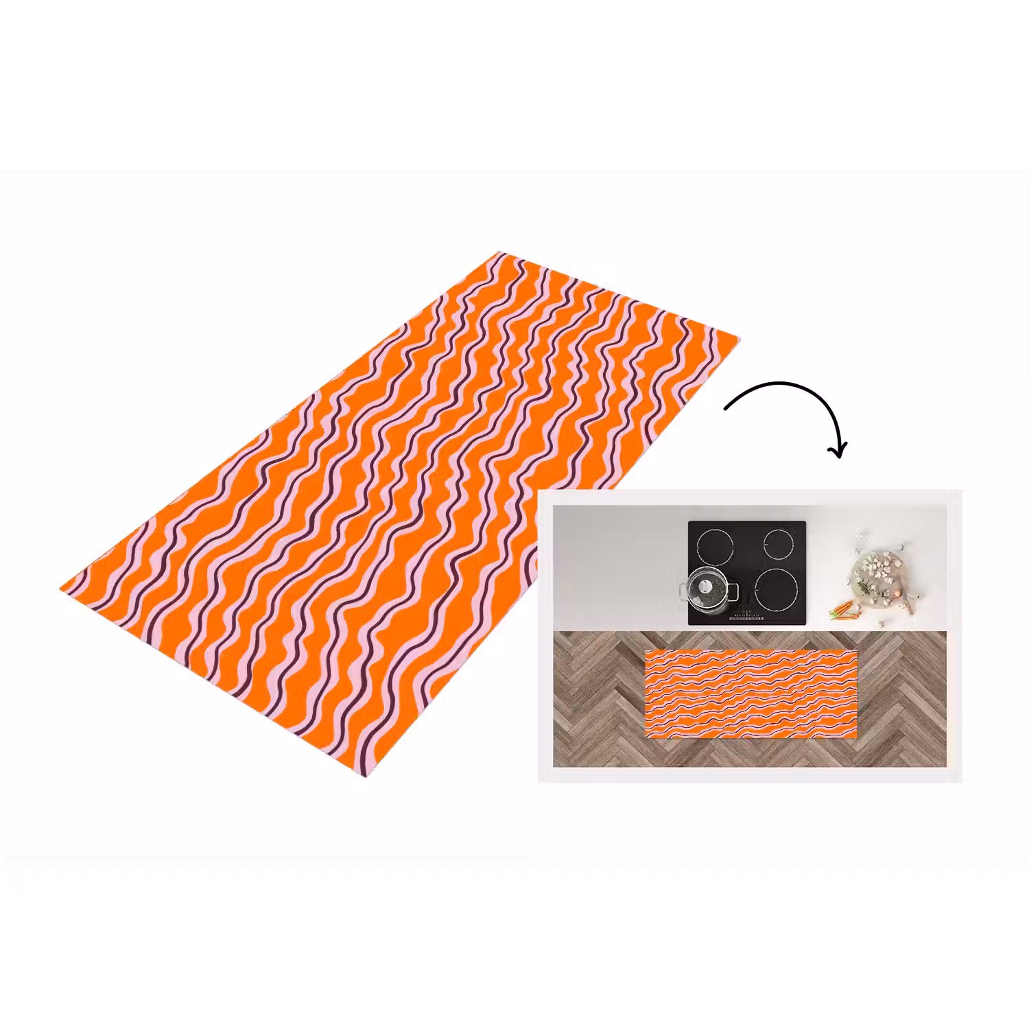 Retro - Golvend - Oranje Keukenloper - keukenmat middel 536 -3d
