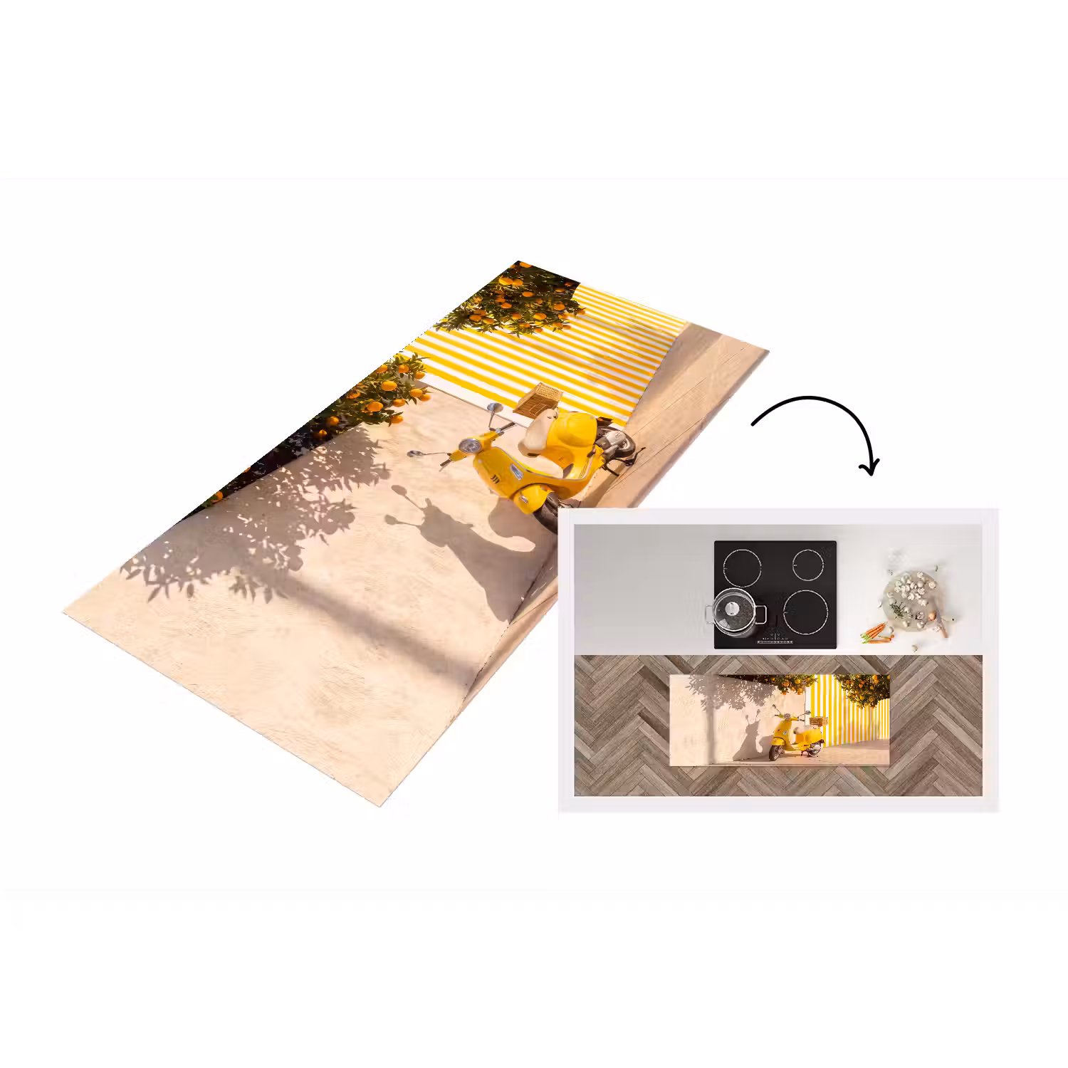 Scooter - Natuur - Zomer - Geel - Mediterraan Keukenloper - keukenmat middel -3d
