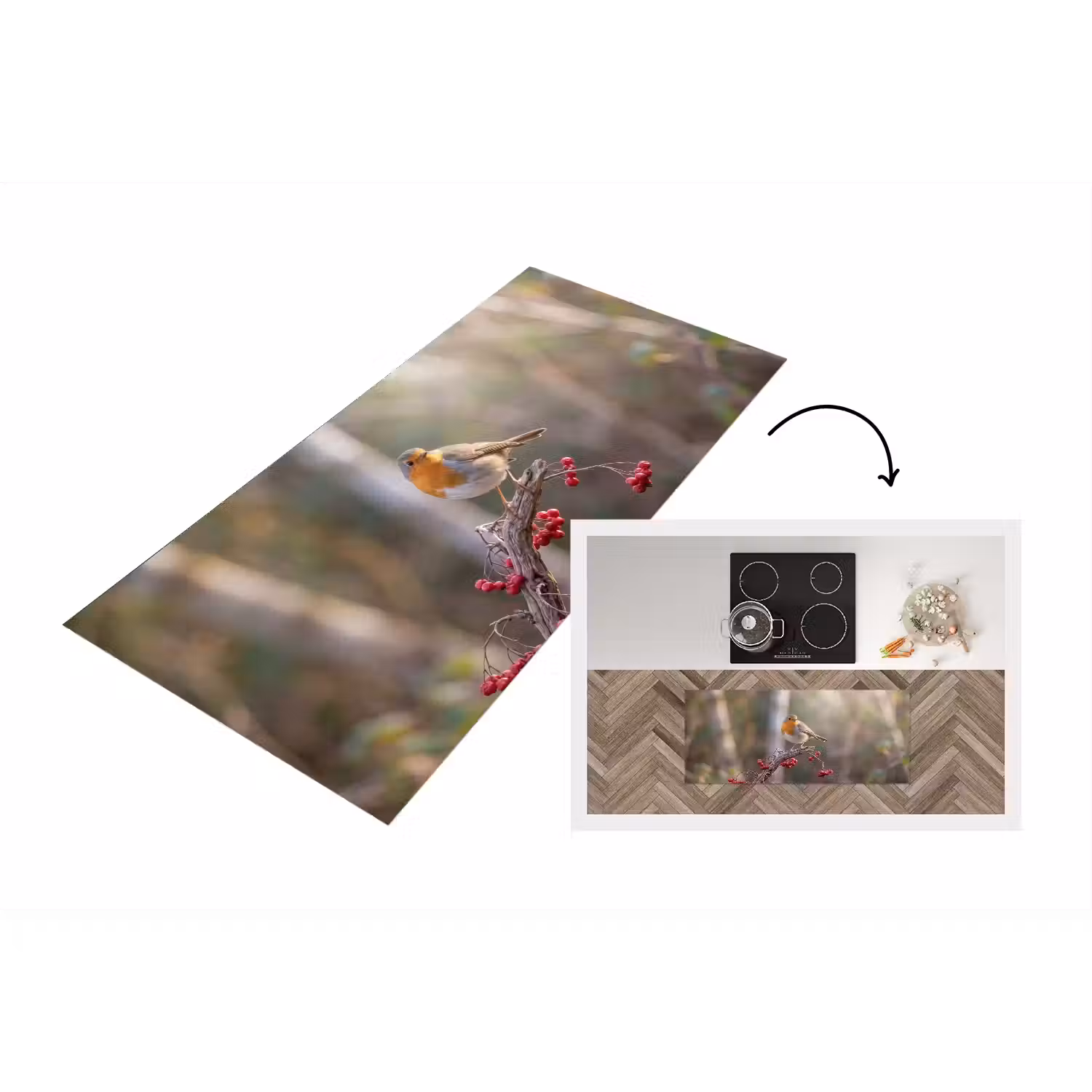 Roodborst - Tak - Bessen - Natuur Keukenloper - keukenmat middel -3d
