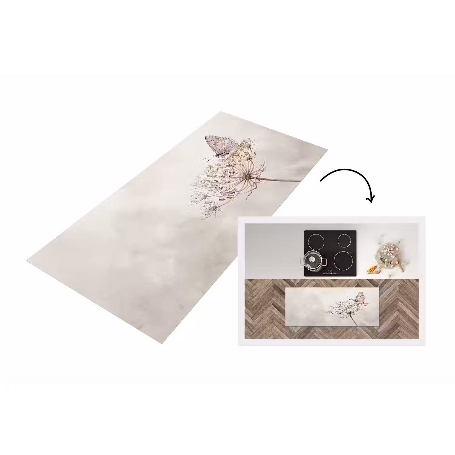 Vlinder - Bloem -Natuur - Beige Keukenloper - keukenmat middel -3d