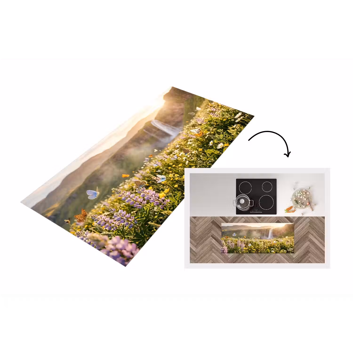 Vlinders - Waterval - Bloemenveld Keukenloper - keukenmat middel -3d