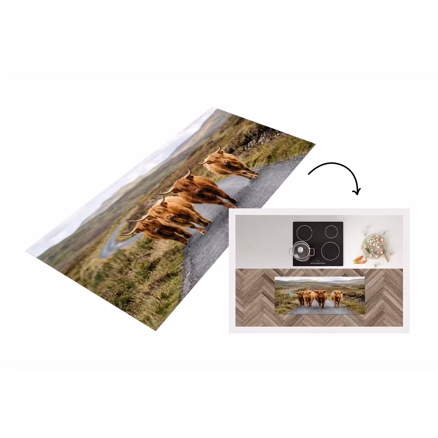 Schotse Hooglanders - Weg - Landschap - Kudde Keukenloper - keukenmat middel -3d