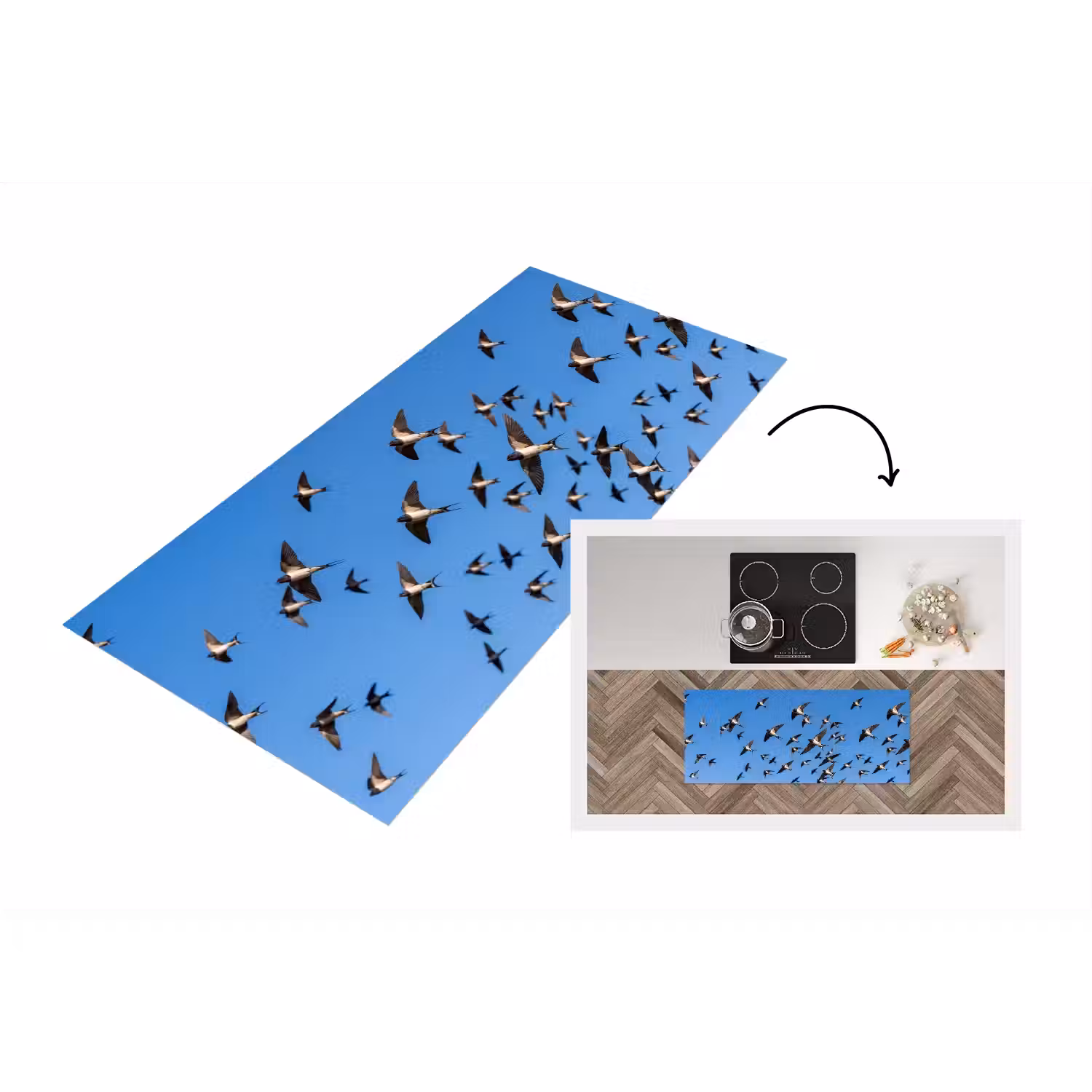 Zwaluwen - Vliegen - Blauw Keukenloper - keukenmat middel -3d