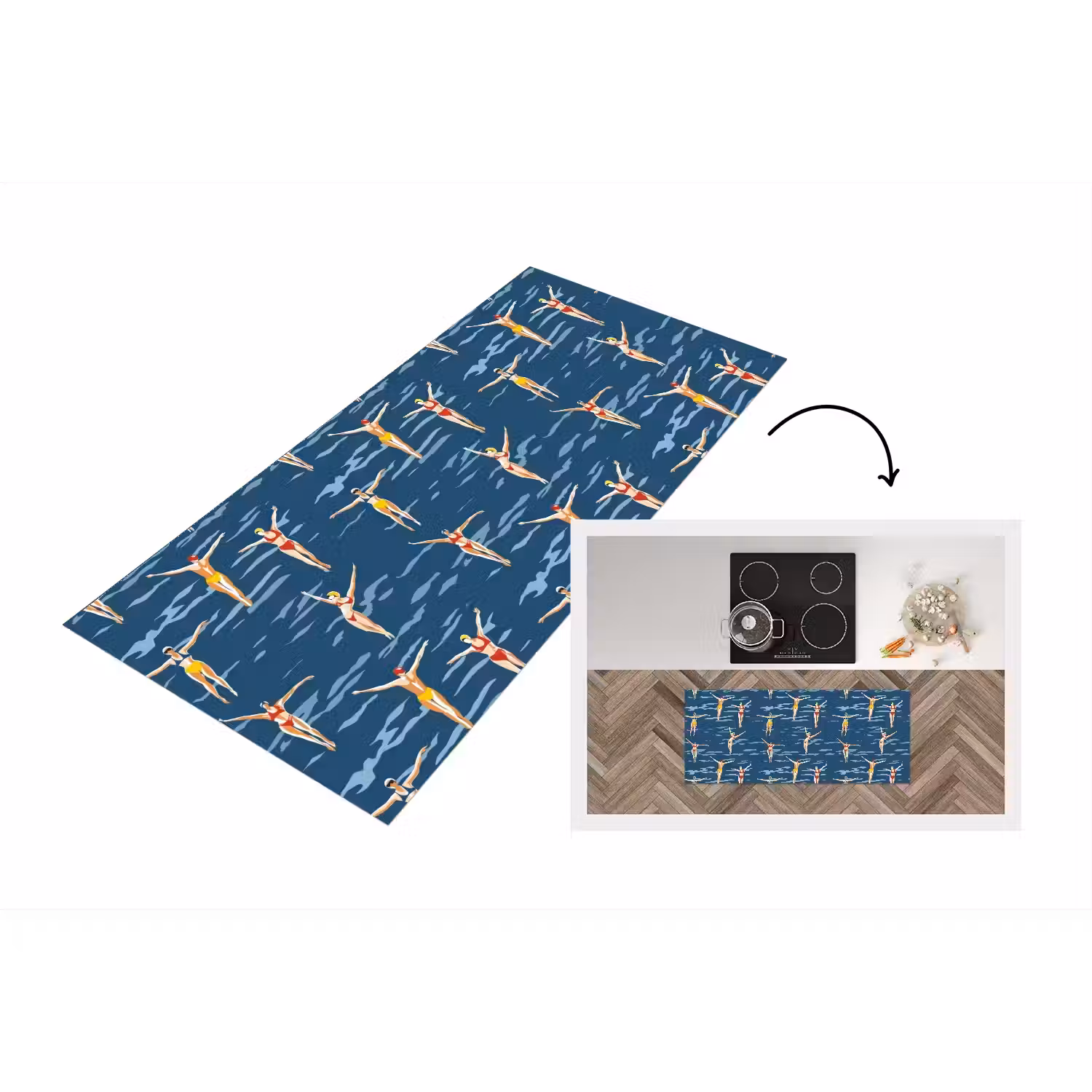Zwemsters- Retro - Blauw Keukenloper - keukenmat middel 536 -3d