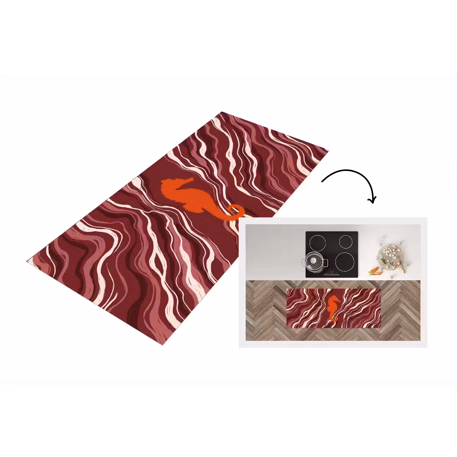 Zeepaardje - Golven - Zeeleven - Abstract - Oranje Keukenloper - keukenmat middel -3d