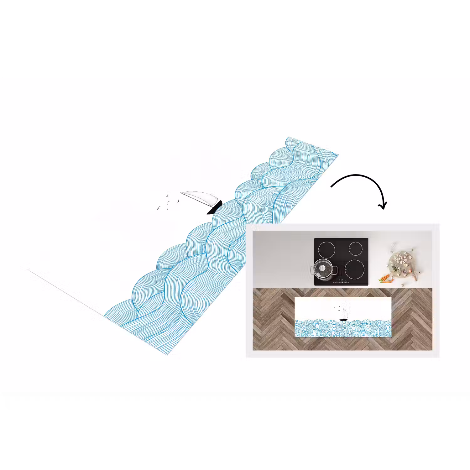 Zeilboot - Golven - Zee - Illustratie - Blauw Keukenloper - keukenmat middel -3d