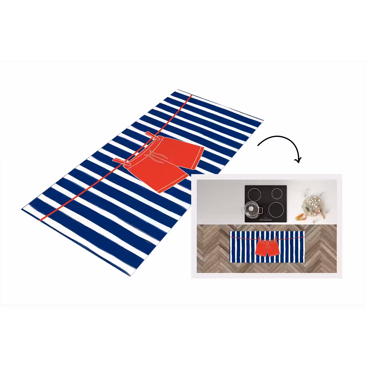 Shorts - Waslijn - Zomer - Illustratie - Rood Keukenloper - keukenmat middel -3d