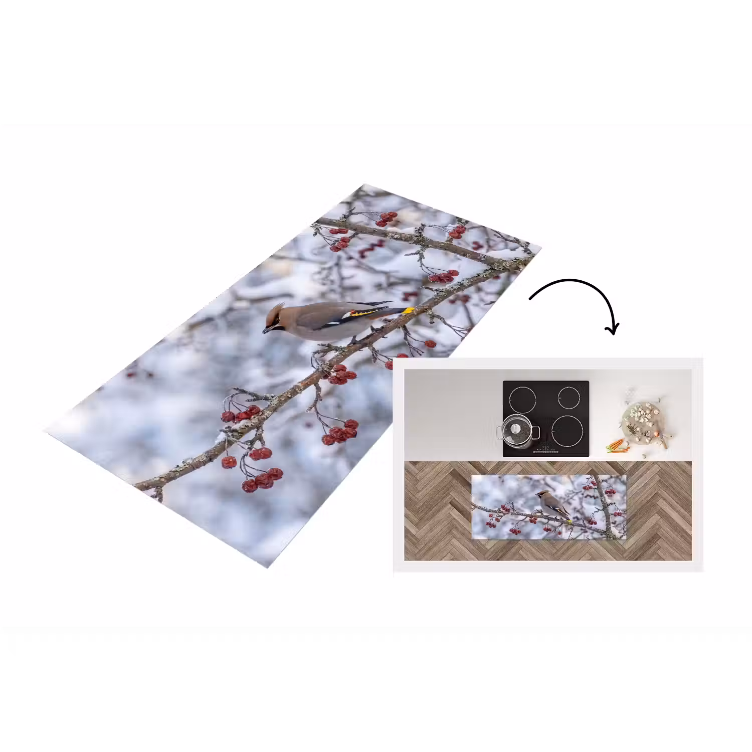 Pestvogel - Bessen - Winter - Natuur Keukenloper - keukenmat middel -3d