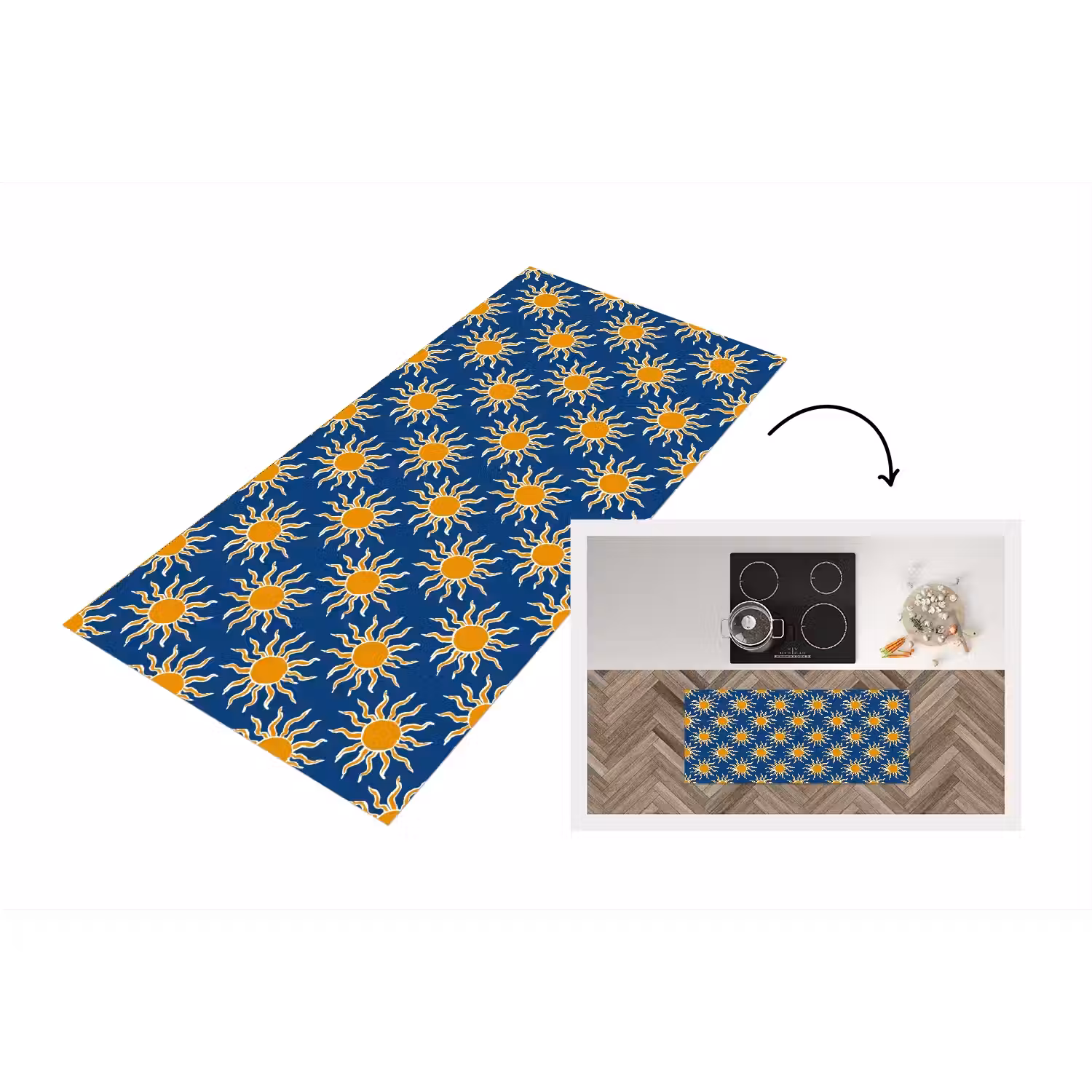Zon - Patroon - Blauw Keukenloper - keukenmat middel 536 -3d