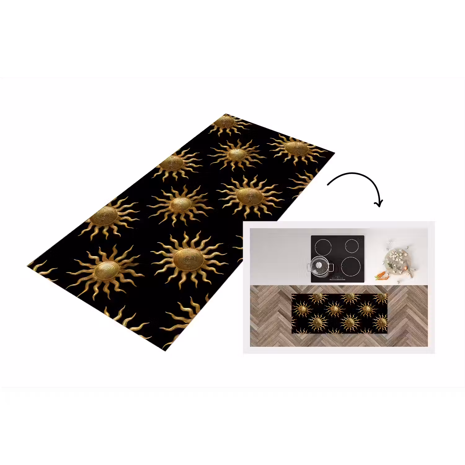 Zon - Patroon - Luxe - Goud - Zwart Keukenloper - keukenmat middel 536 -3d