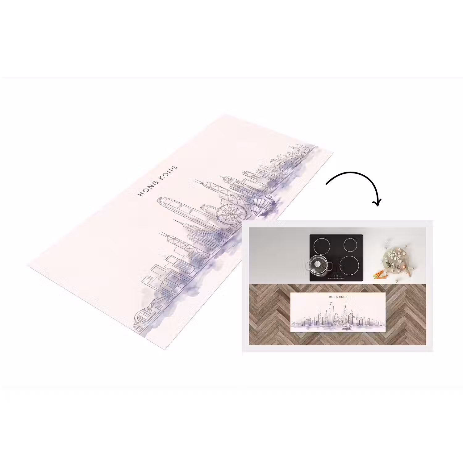 Stad - Skyline - Water - Lijntekening - Blauw Keukenloper - keukenmat middel -3d