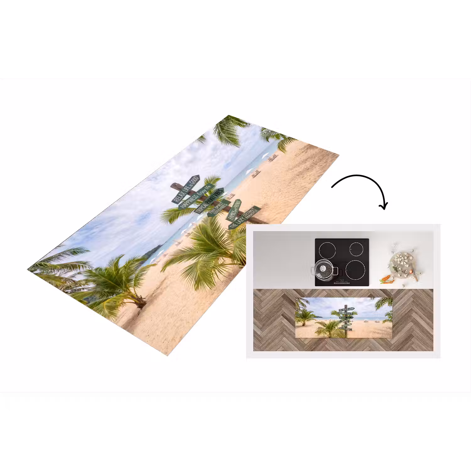 Strand - Wegwijzer - Palmen - Tropisch - Groen Keukenloper - keukenmat middel -3d