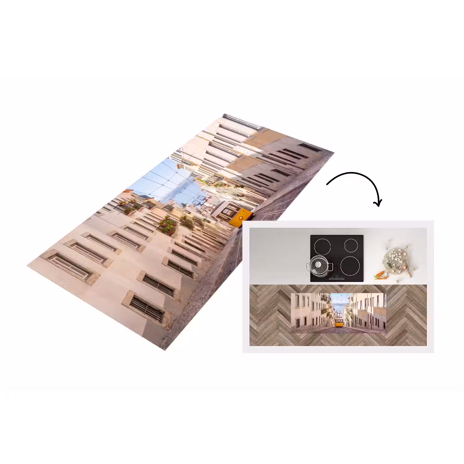 Tram - Straat - Stad - Architectuur - Geel Keukenloper - keukenmat middel -3d
