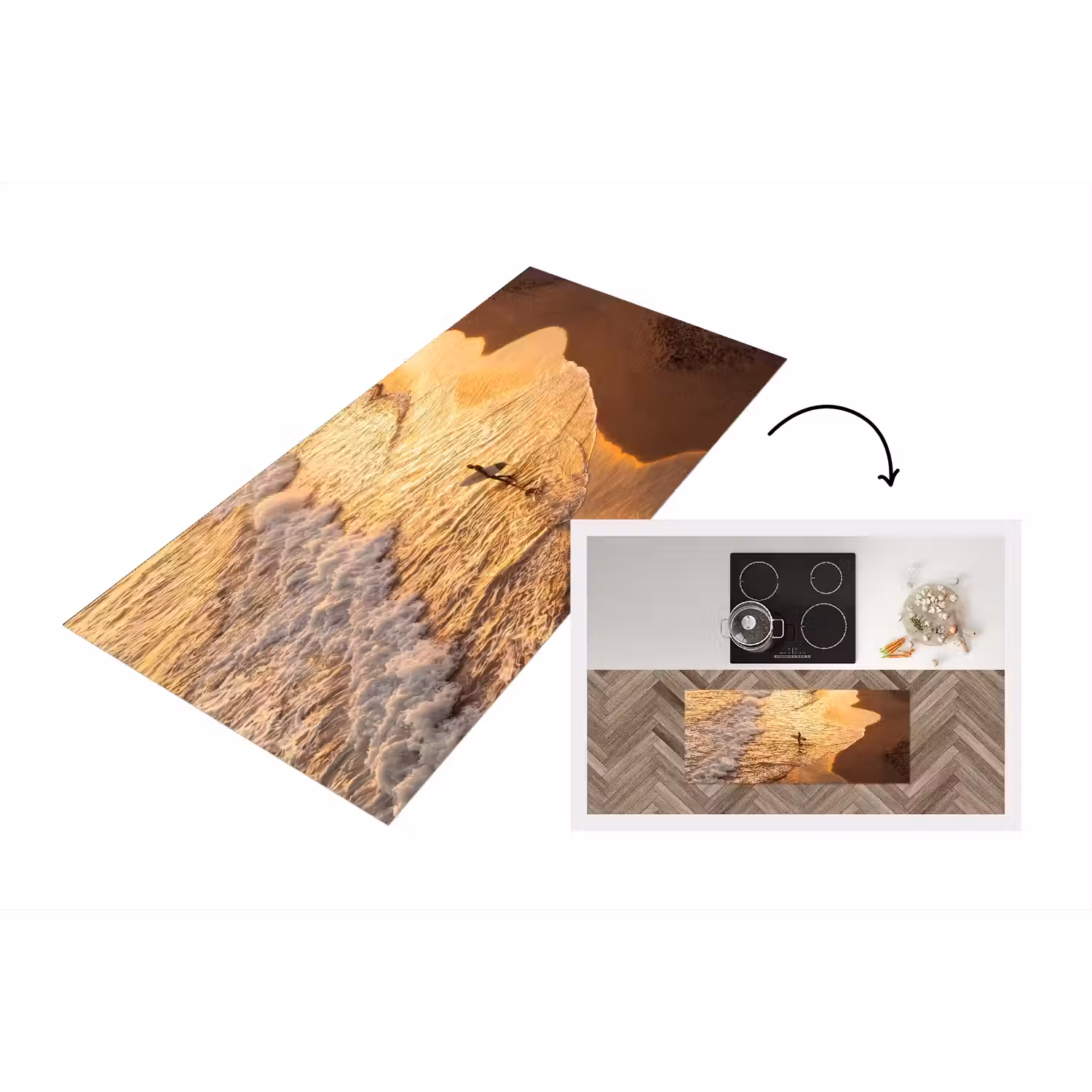 Surfer - Strand - Zonsondergang - Oceaan - Goud Keukenloper - keukenmat middel -3d
