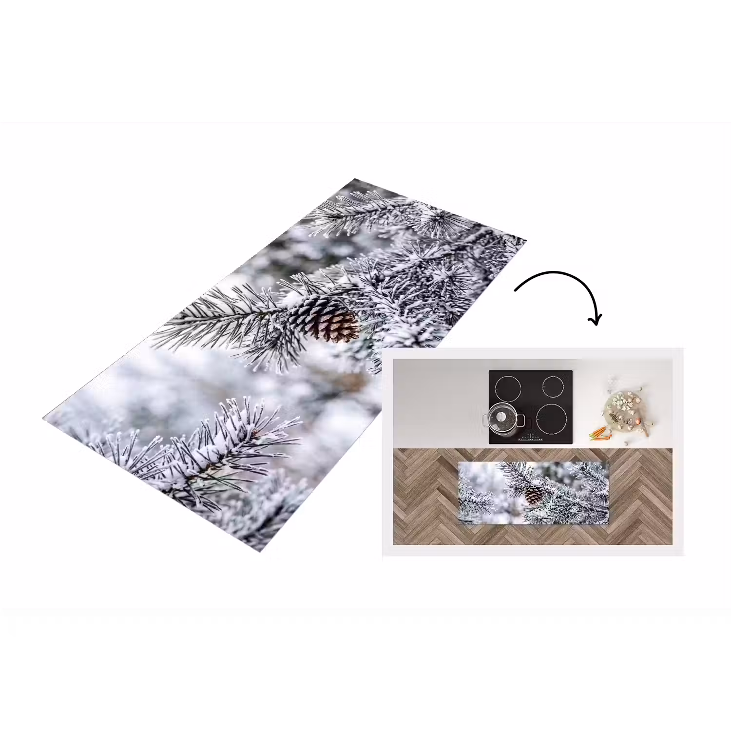 Dennenappel - Tak - Sneeuw - Winter - Sfeervol Keukenloper - keukenmat middel -3d