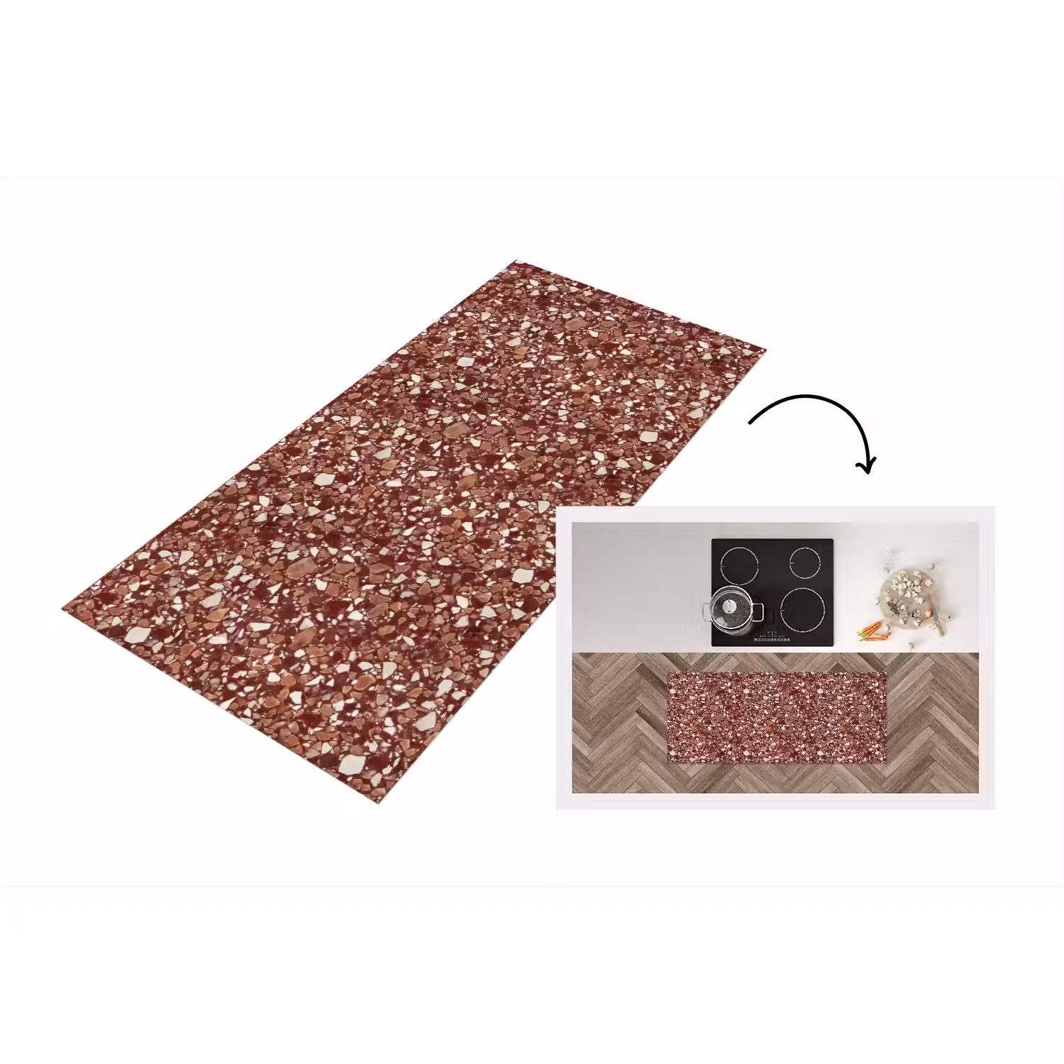 Terrazzo - Patroon - Steentextuur - Roodbruin Keukenloper - keukenmat middel 536 -3d