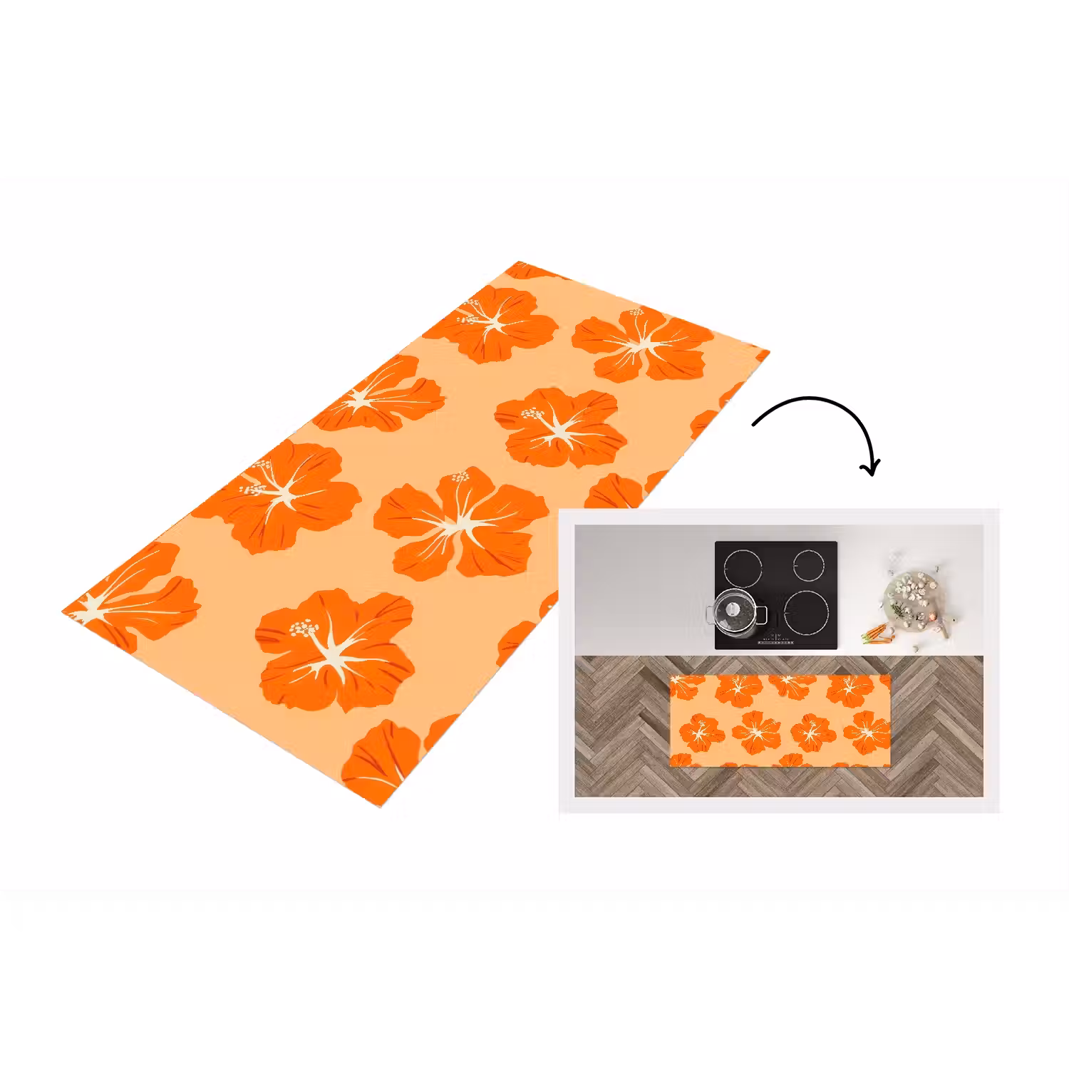 Tropisch - Hibiscus - Oranje Keukenloper - keukenmat middel 536 -3d