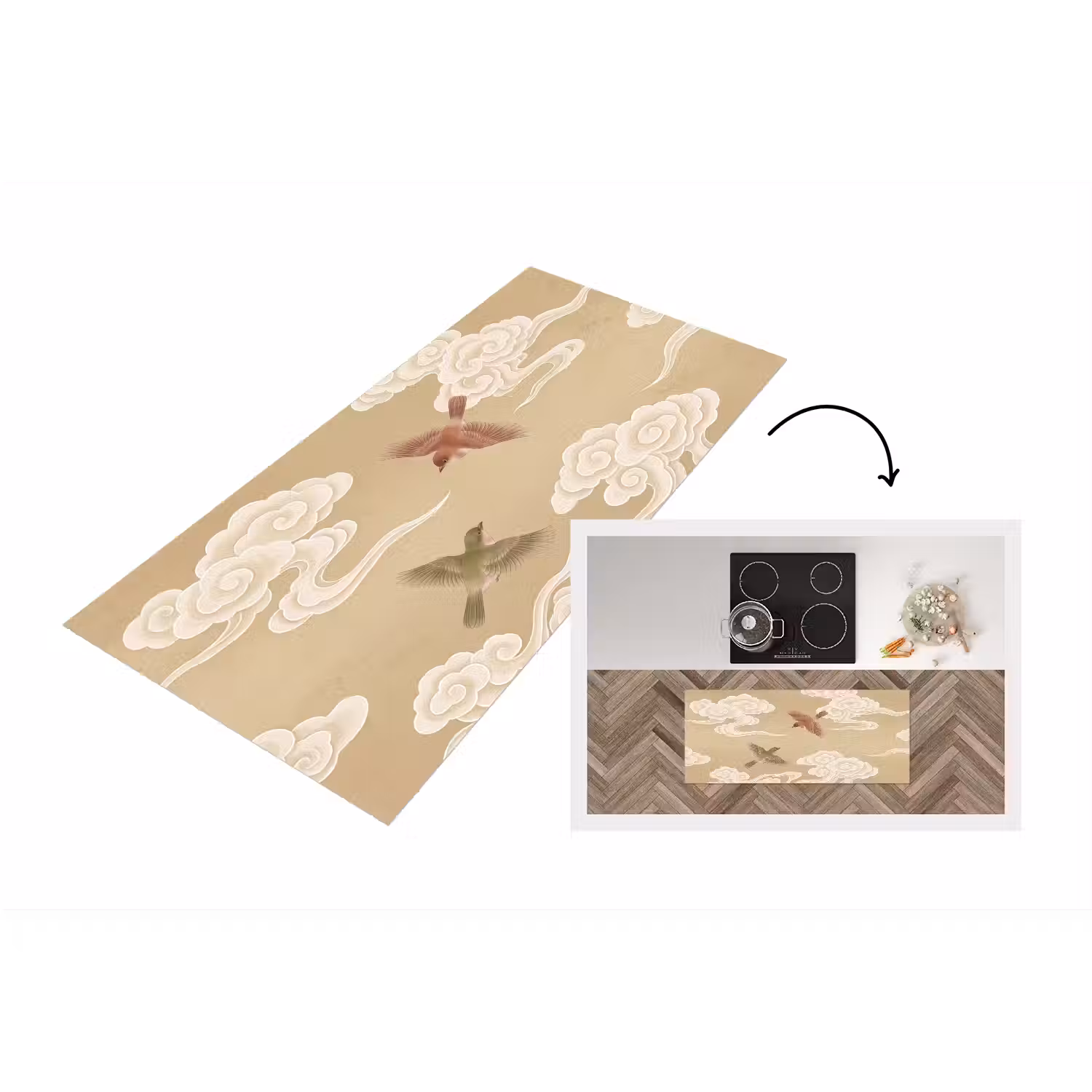 Vogels - Vliegen - Beige Keukenloper - keukenmat middel -3d