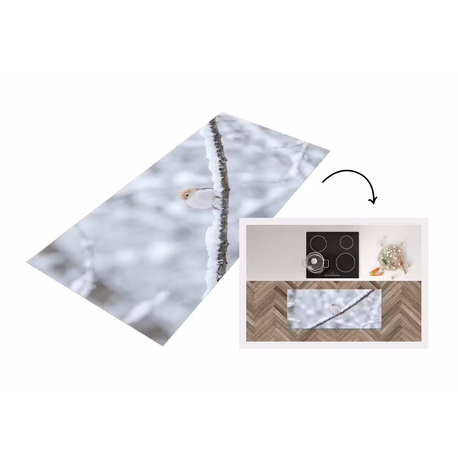 Vogeltje - Sneeuw - Tak - Winter - Zacht Keukenloper - keukenmat middel -3d
