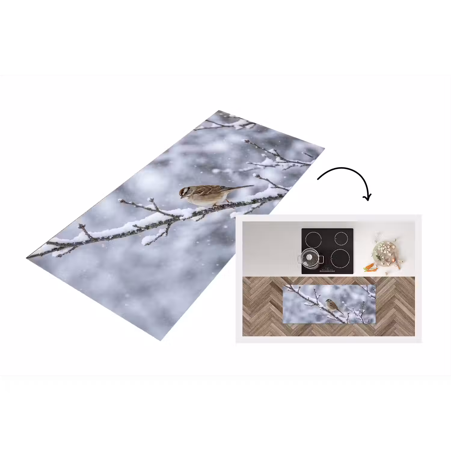 Vogel - Tak - Sneeuw - Winter Keukenloper - keukenmat middel -3d