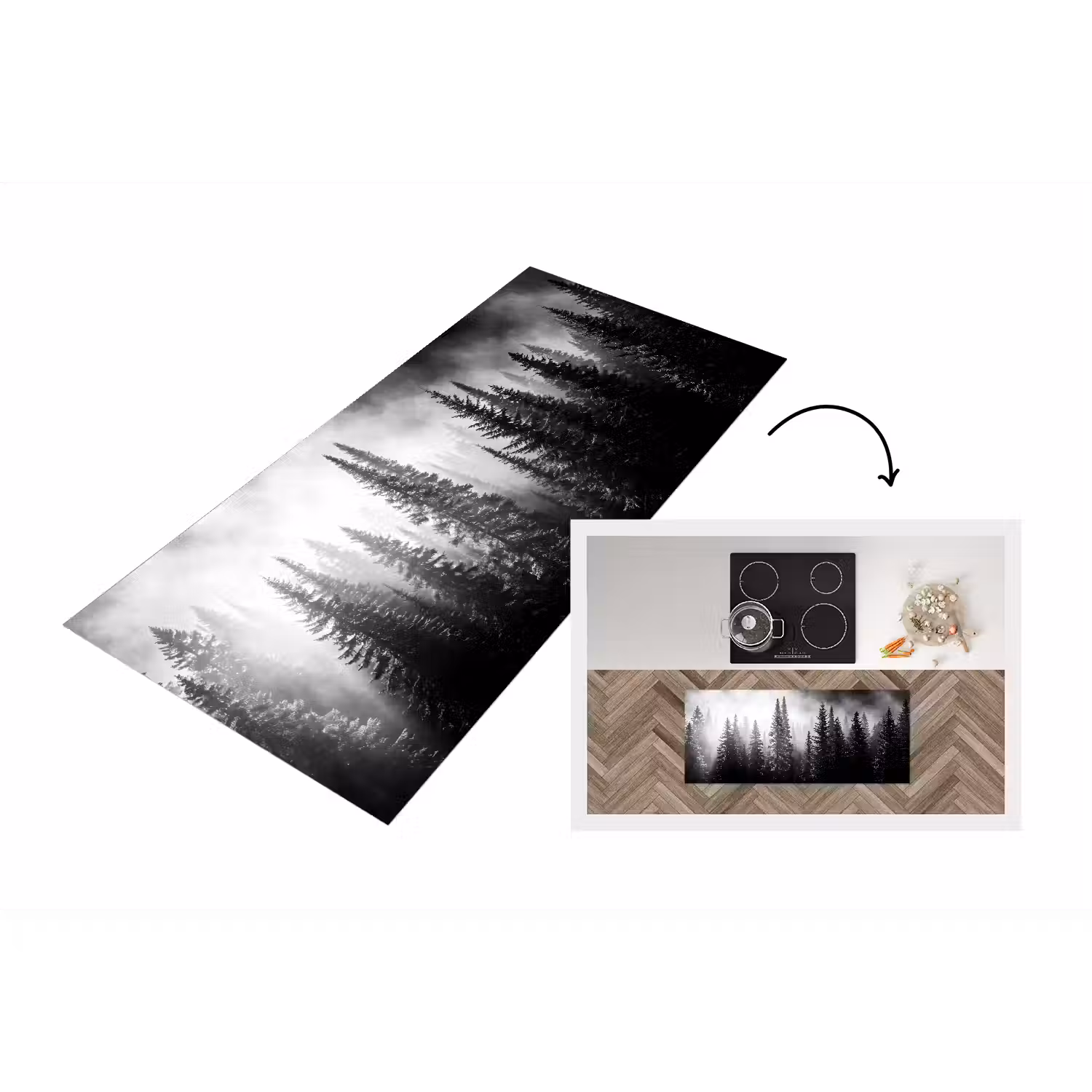 Bos - Mist - Winter - Monochroom - Natuur Keukenloper - keukenmat middel -3d