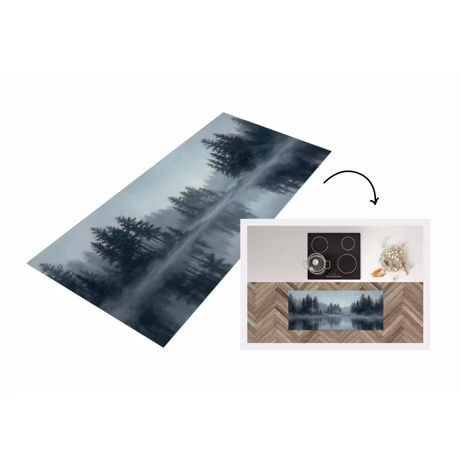 Bos - Meer - Mist - Natuur - Grijs Keukenloper - keukenmat middel -3d