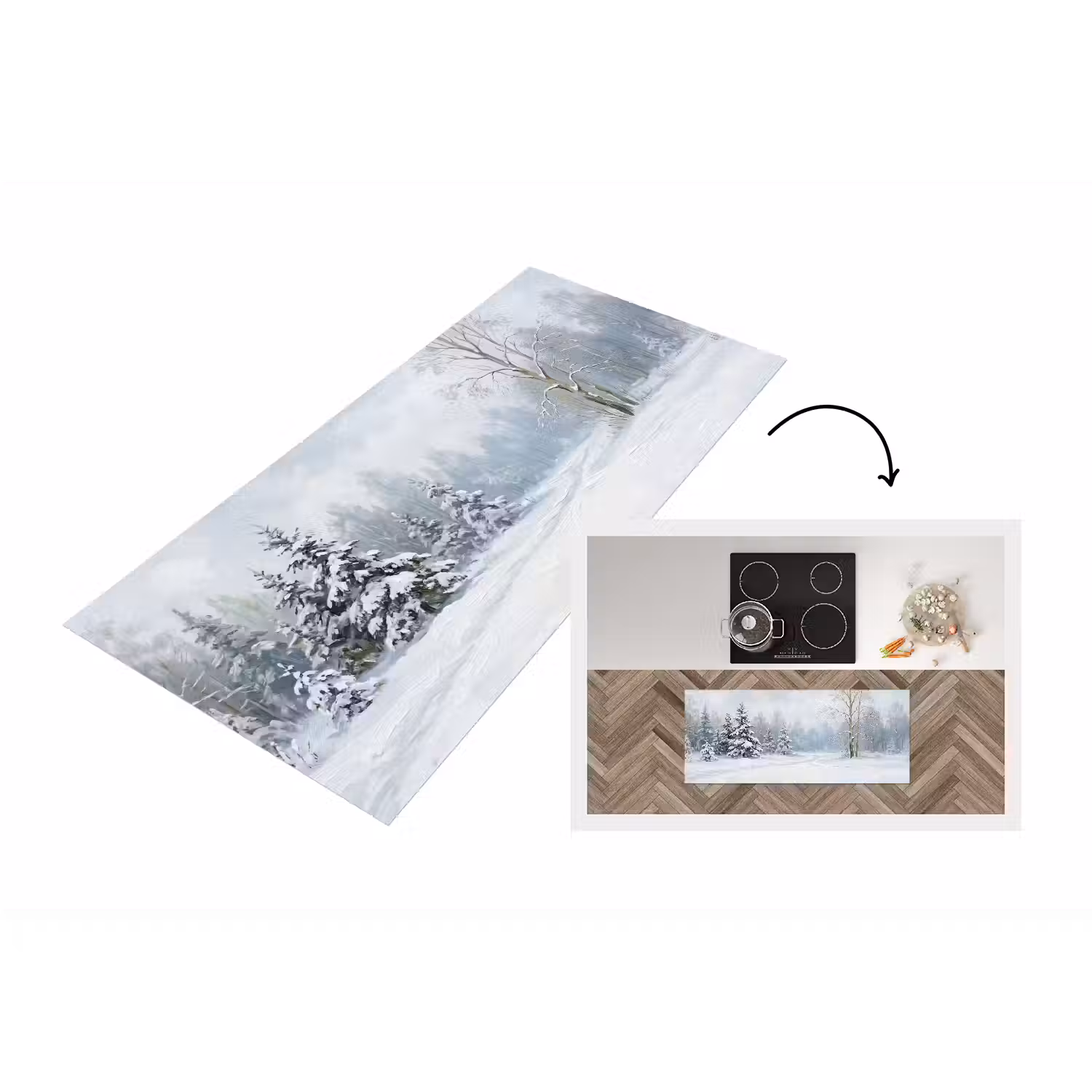 Bospad - Dennen - Sneeuw - Winter - Rustgevend Keukenloper - keukenmat middel -3d