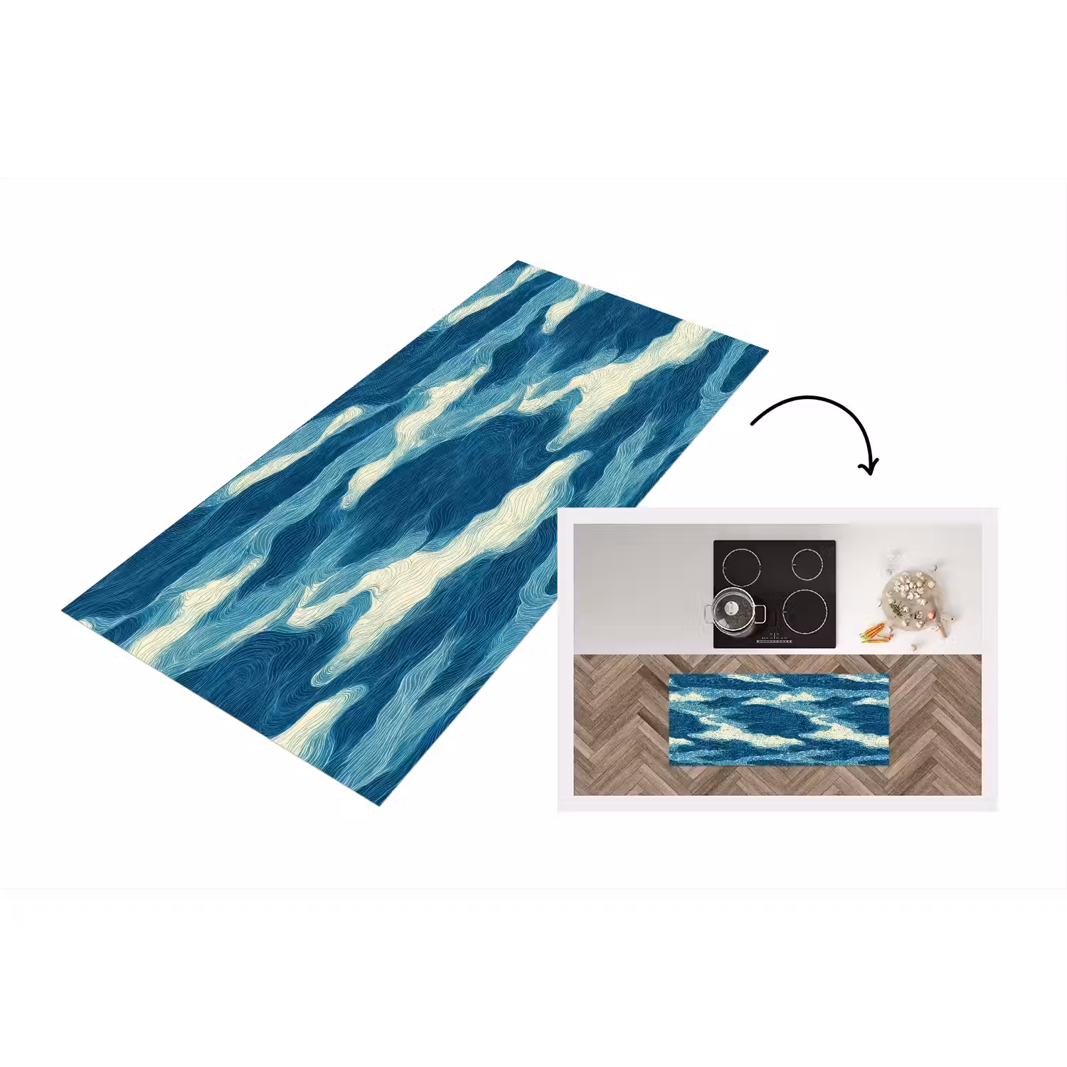 Golven - Abstract - Patroon - Blauw - Wit Keukenloper - keukenmat middel 536 -3d