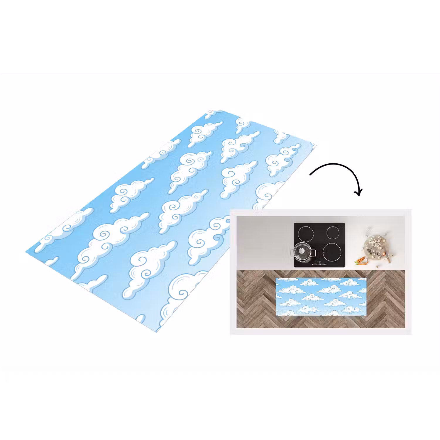Wolk - Lucht - Cartoon - Blauw - Wit Keukenloper - keukenmat middel -3d