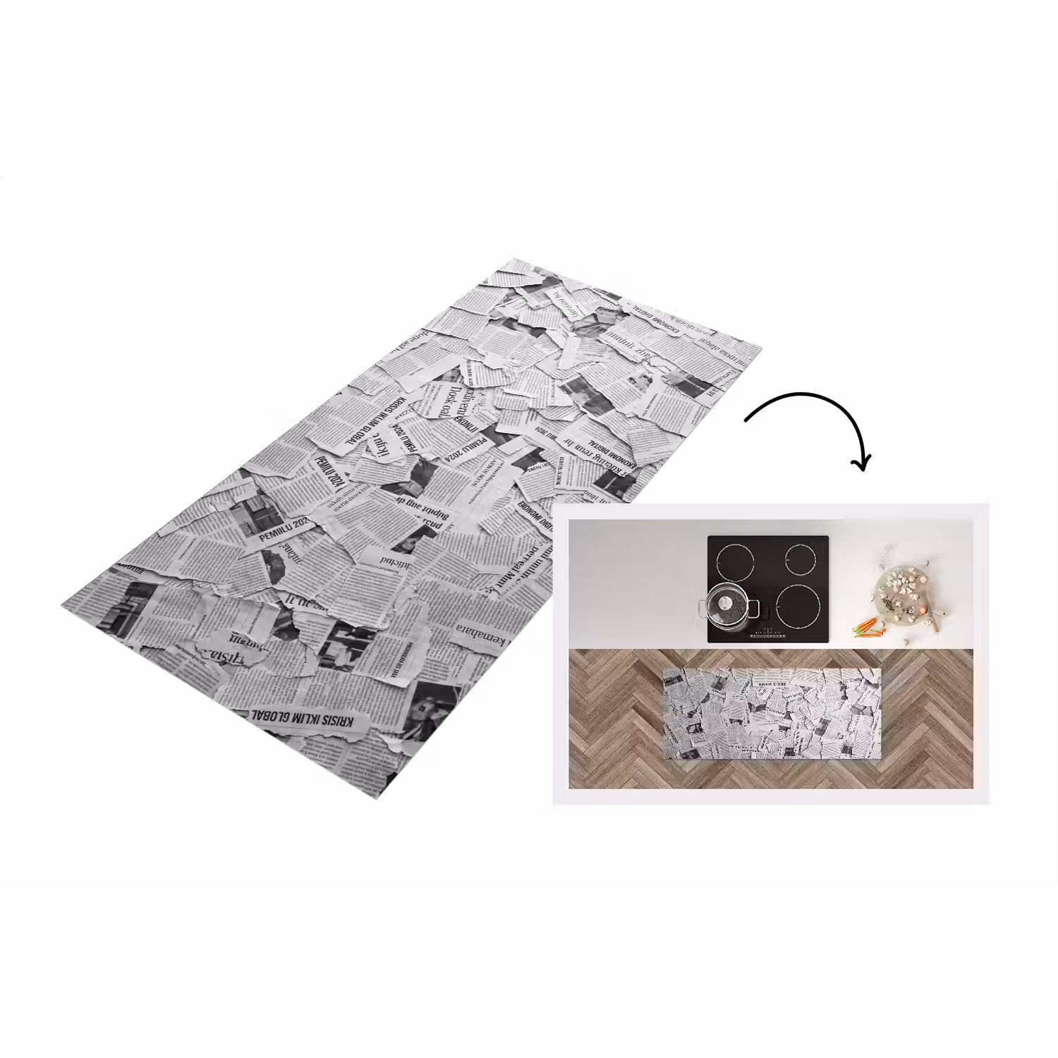 Krant - Versnipperd - Textuur - Zwart-wit - Abstract Keukenloper - keukenmat middel -3d