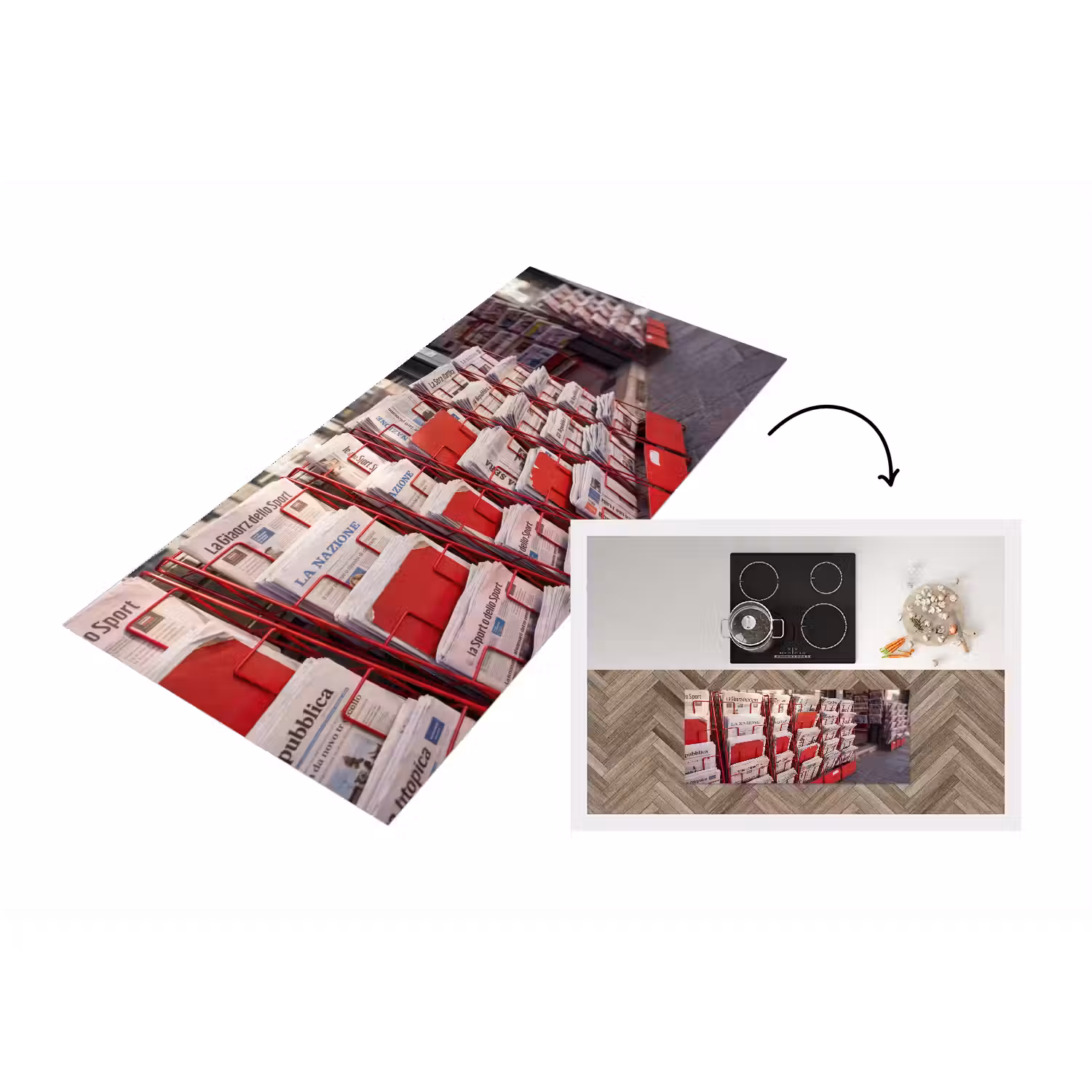 Kranten - Rek - Stedelijk - Dagelijks leven - Rood Keukenloper - keukenmat middel -3d