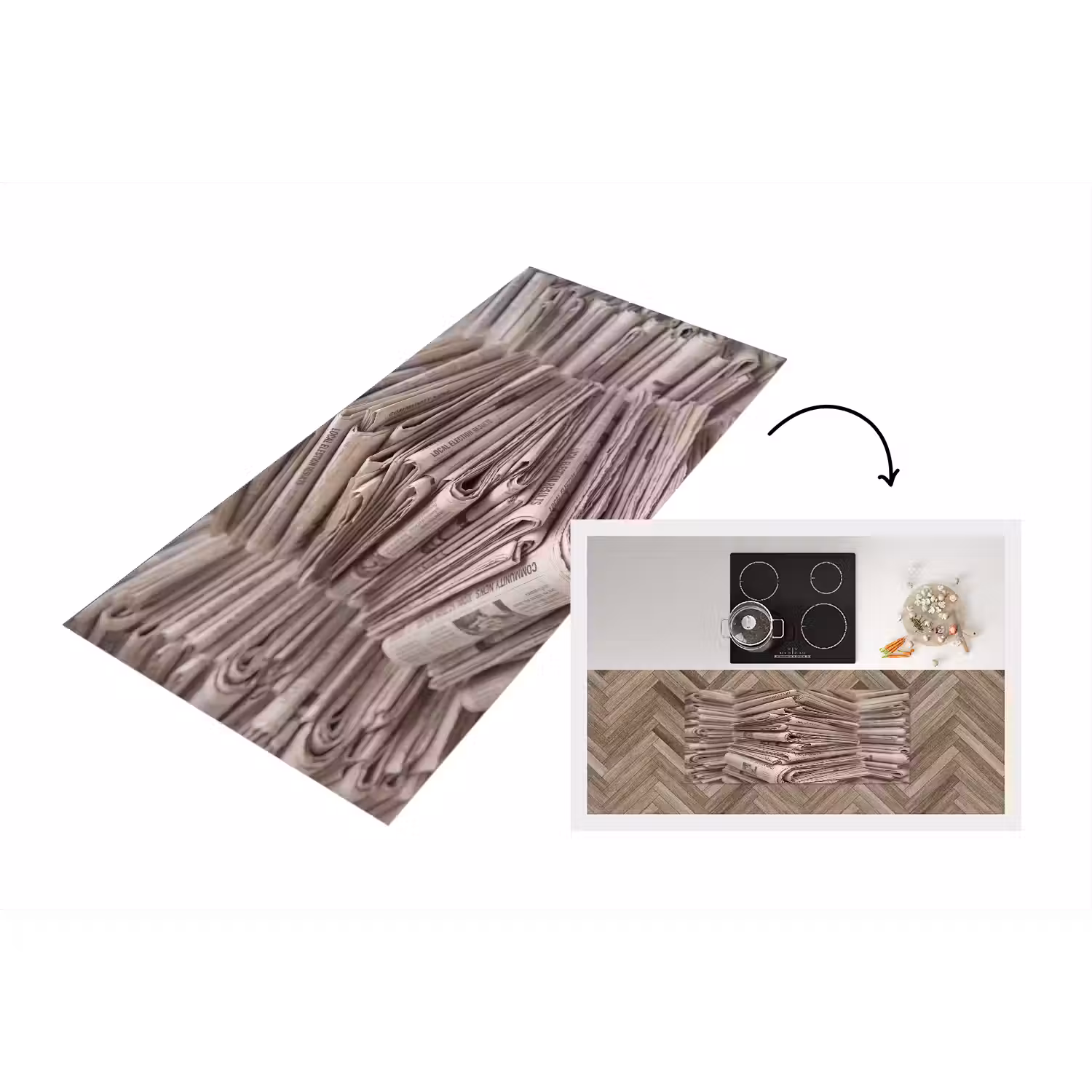 Kranten - Stapel - Nieuws - Vintage - Beige Keukenloper - keukenmat middel -3d