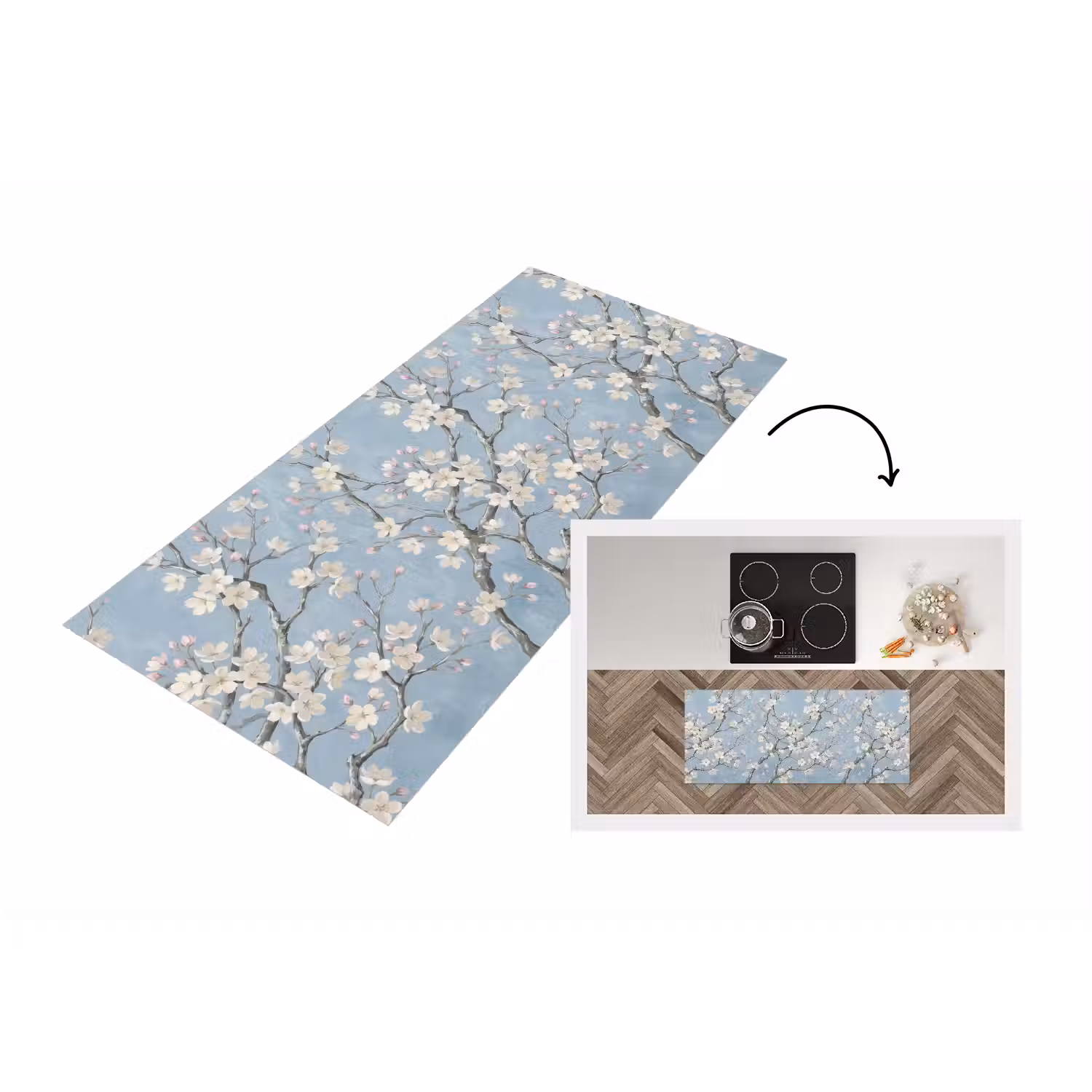 Takken - Kersenbloesem - Blauw Keukenloper - keukenmat middel -3d