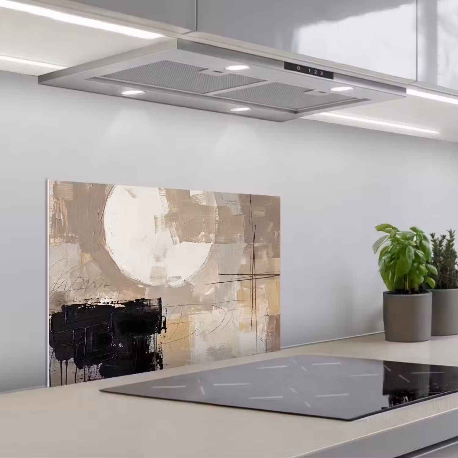 Abstract - Cirkel - Modern - Beige - Zwart - Minimalistisch keuken achterwand spatscherm klein -3d_schuin