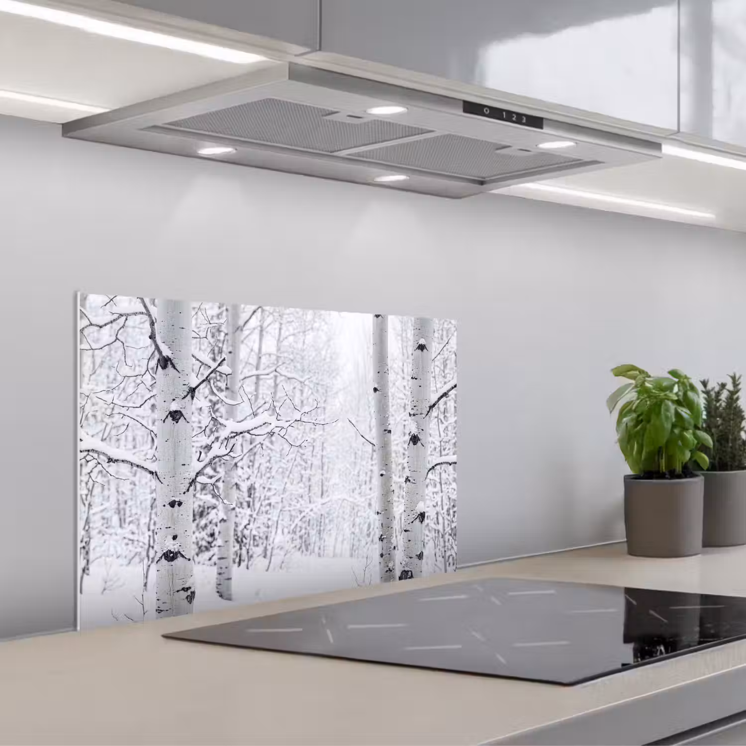 Berkenbomen - Sneeuw - Winter - Bos - Wit keuken achterwand spatscherm klein -3d_schuin