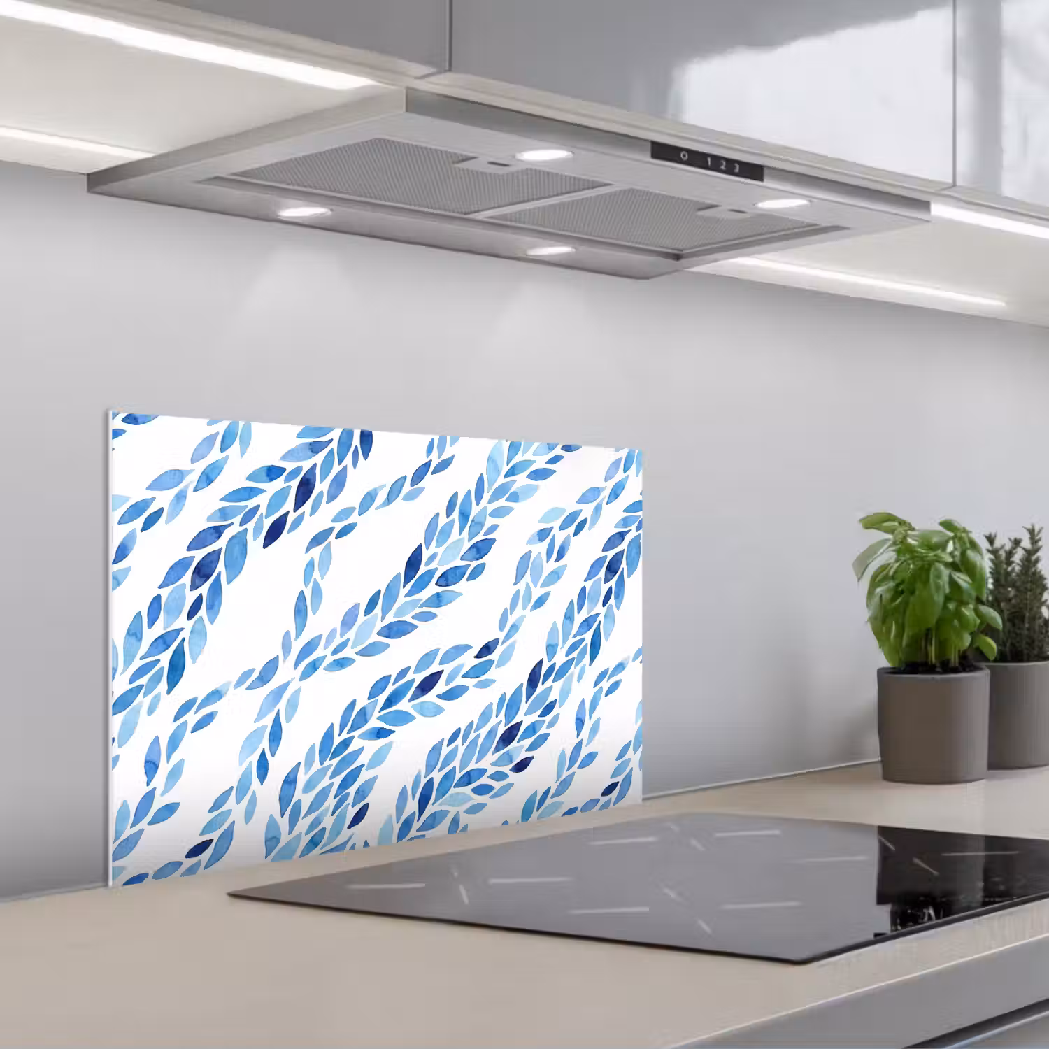 Bladeren - Aquarel - Patroon - Modern - Blauw keuken achterwand spatscherm klein -3d_schuin