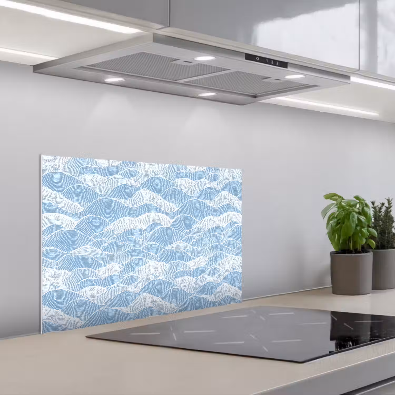 Blauw - Wit - Golven - Getekend keuken achterwand spatscherm klein 900 -3d_schuin