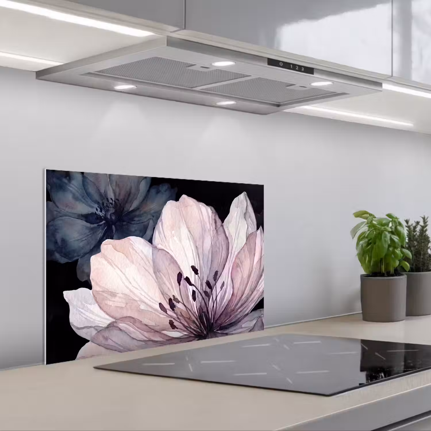 Bloemen - Aquarel - Modern - Roze - Donker keuken achterwand spatscherm klein -3d_schuin