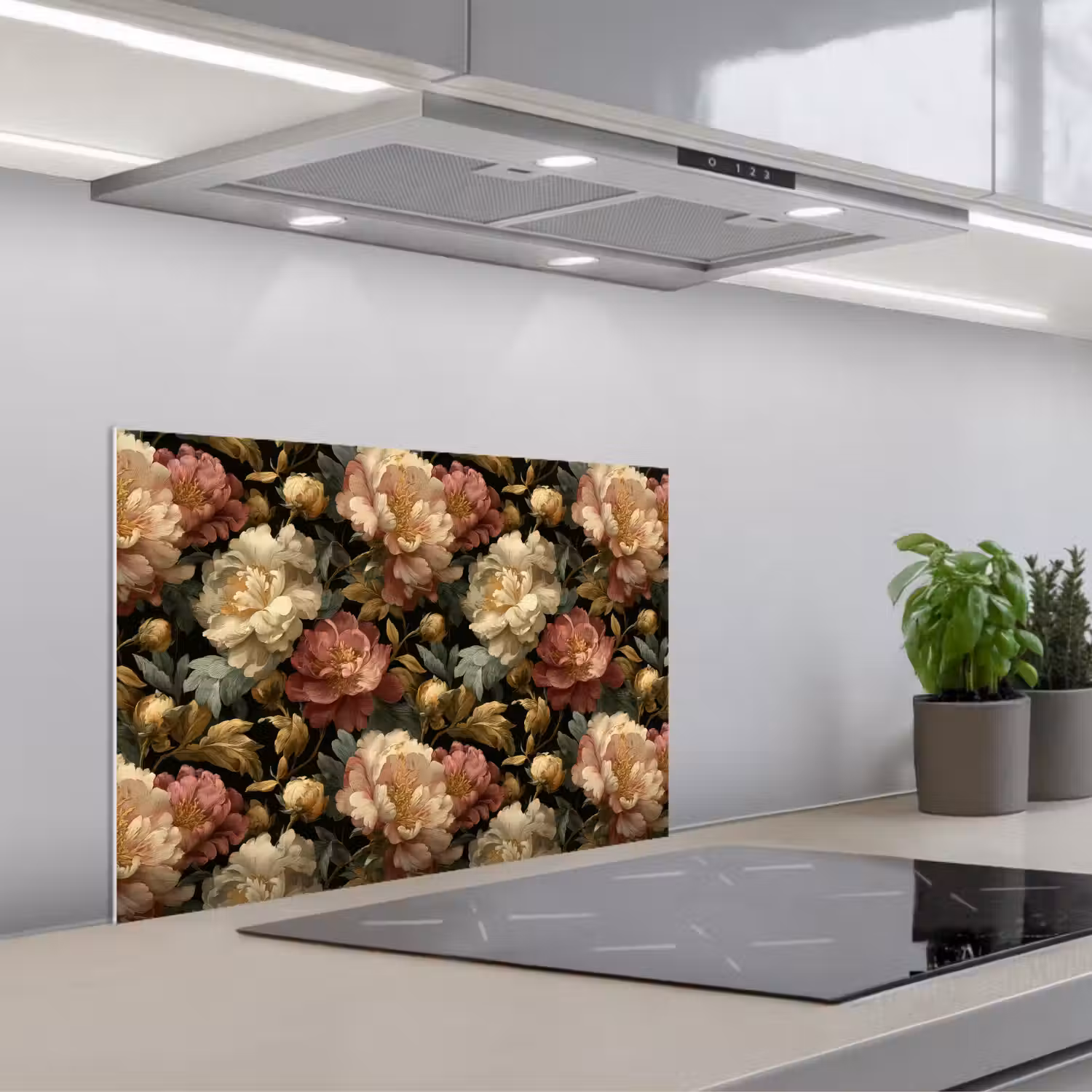 Bloemen - Barok - Patroon - Roze - Crème keuken achterwand spatscherm klein 900 -3d_schuin