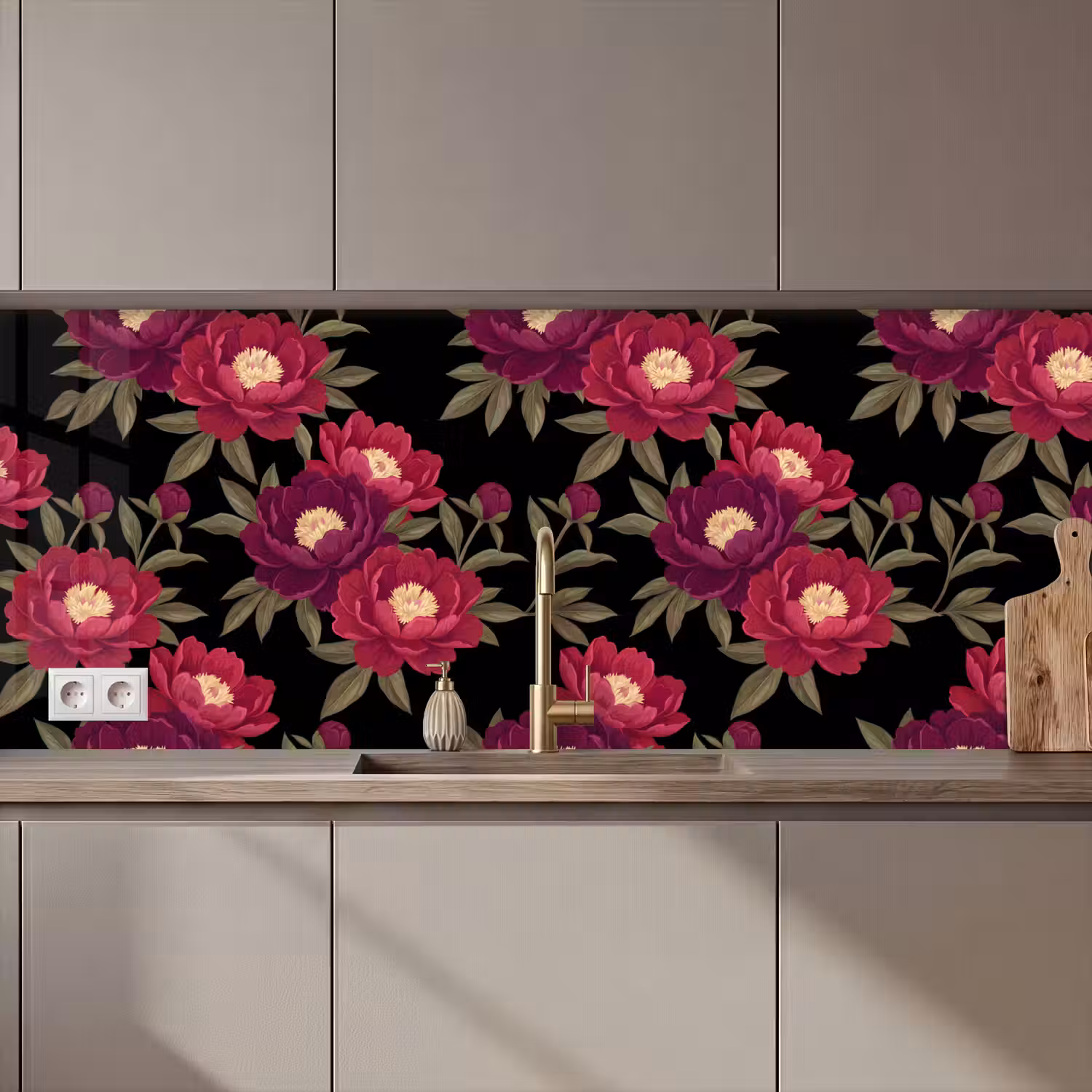 Bloemen - Patroon - Botanisch - Rood - Zwart keuken achterwand 2 middel zz_3dshopping