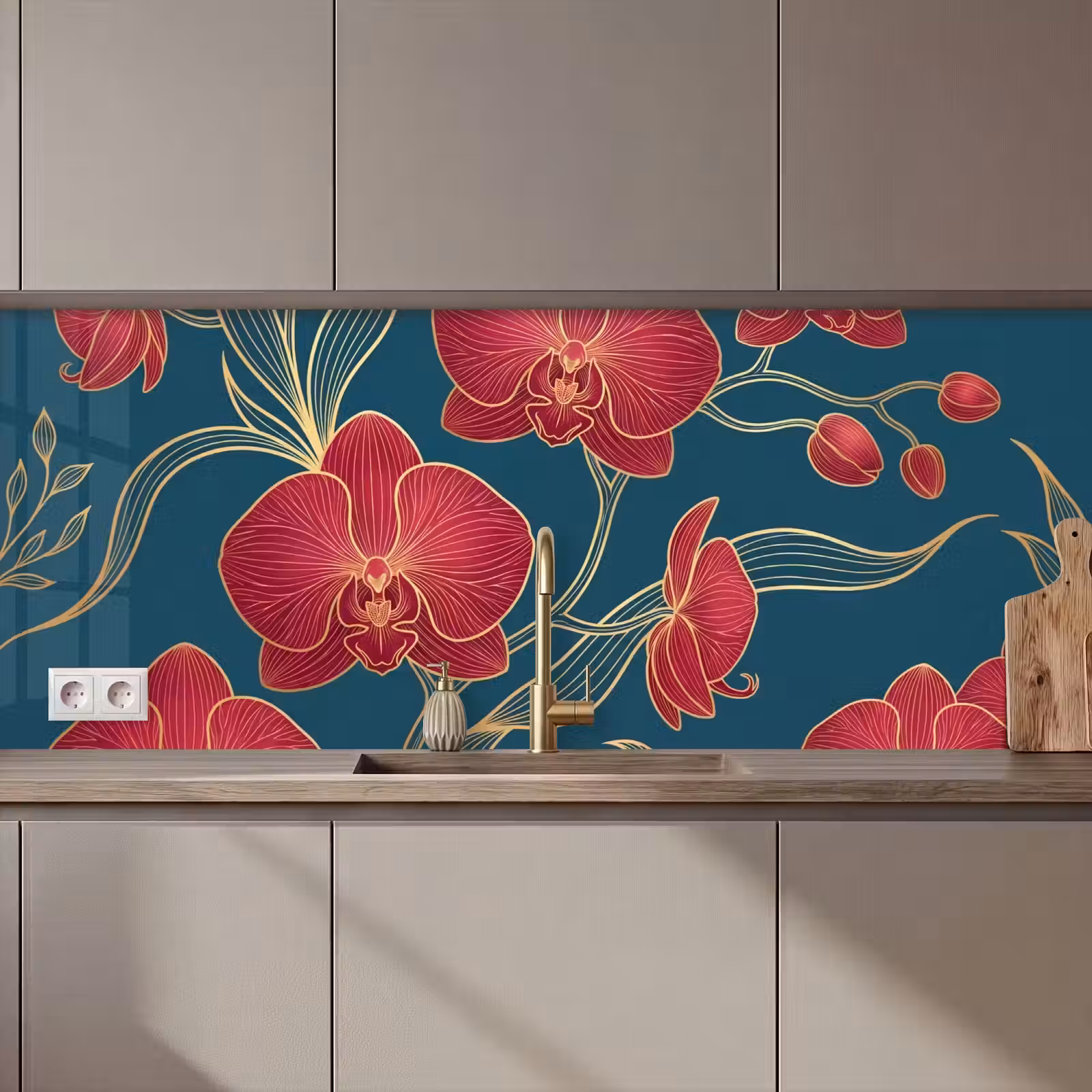 Küchenrückwand - Blumen – Rot – Gold - Bloemen - Rood - Goud keuken achterwand 2 middel zz_3dshopping