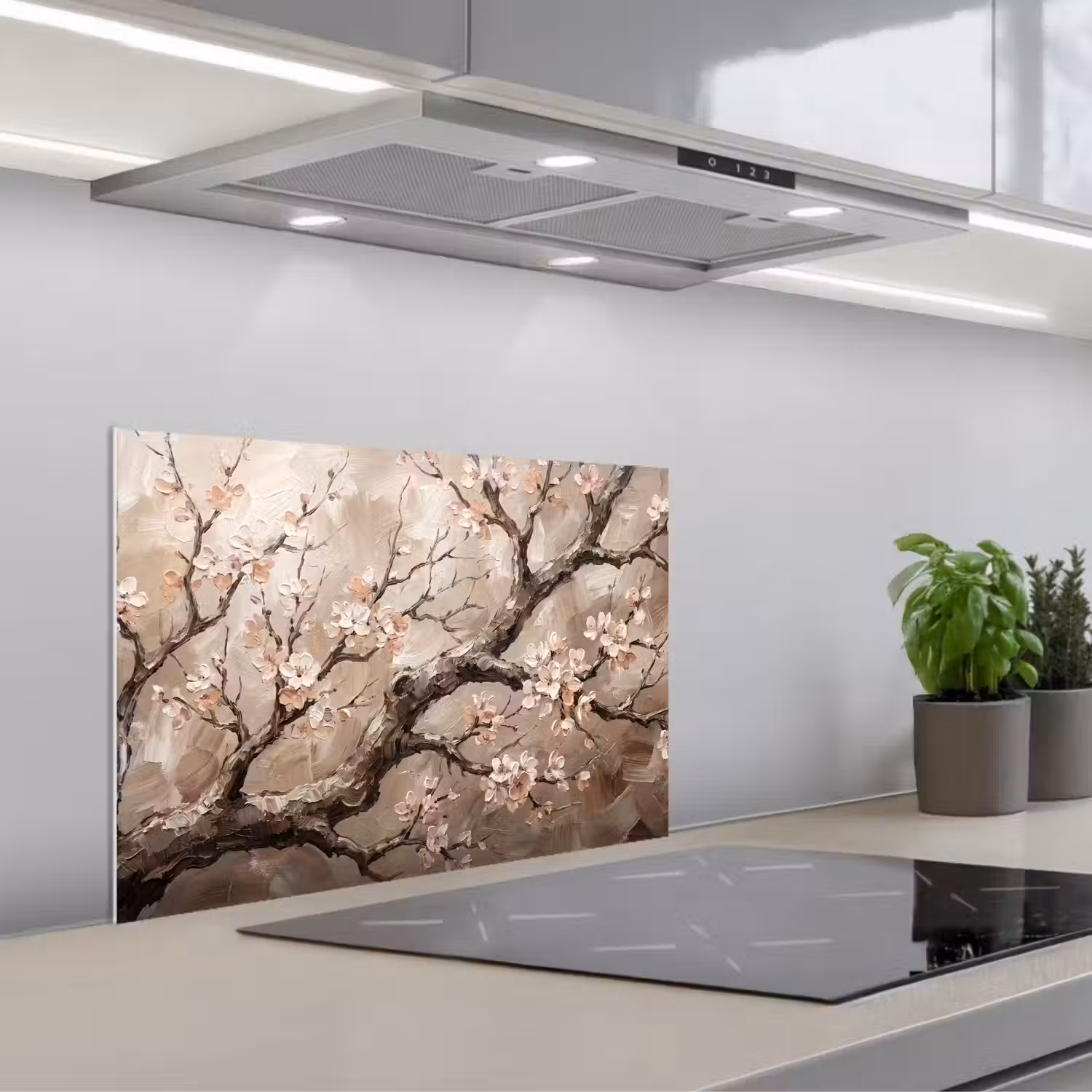 Bloesem - Takken - Schilderij - Beige - Serene keuken achterwand spatscherm klein -3d_schuin