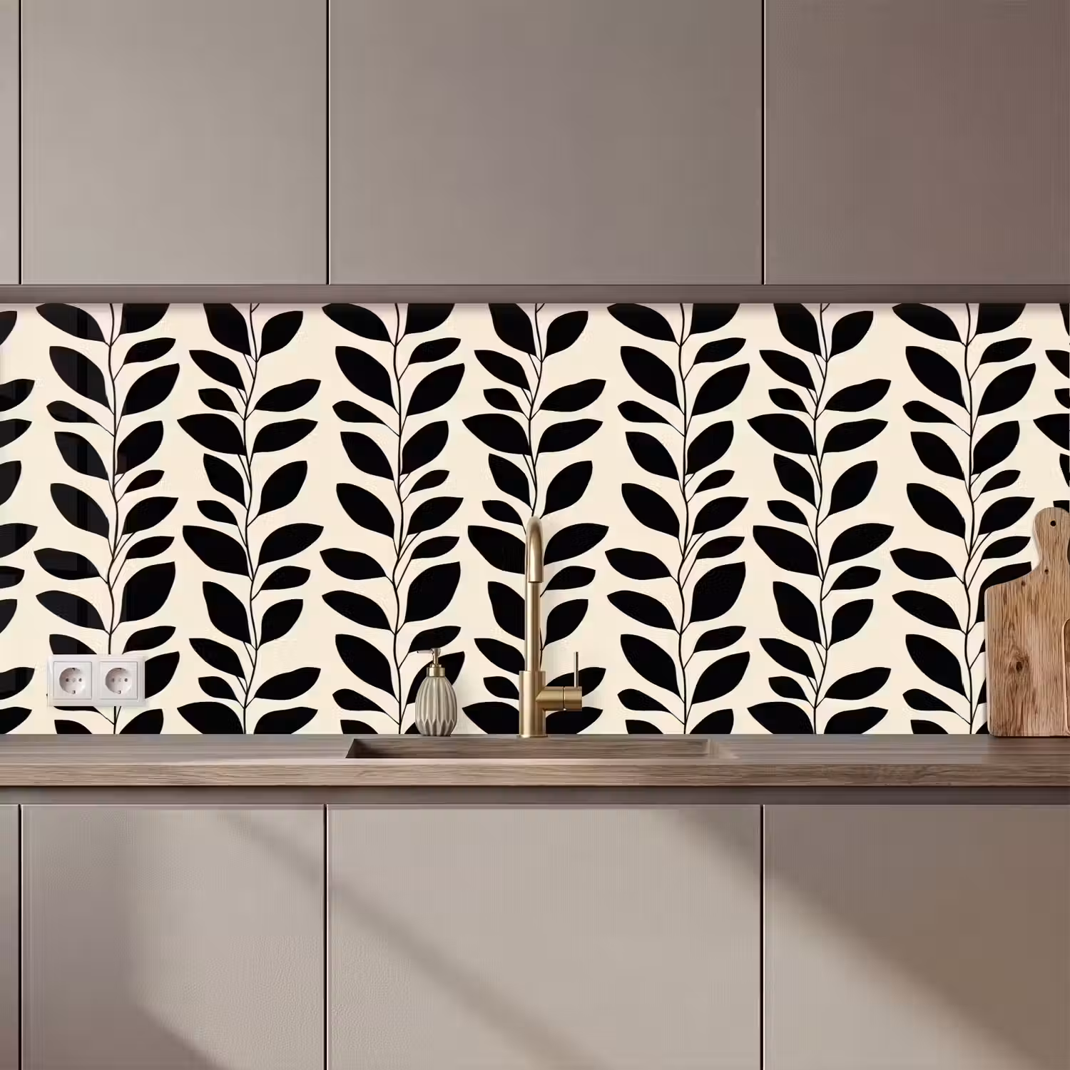 Botanisch - Dessin - Zwart - Beige keuken achterwand 2 middel 871 zz_3dshopping