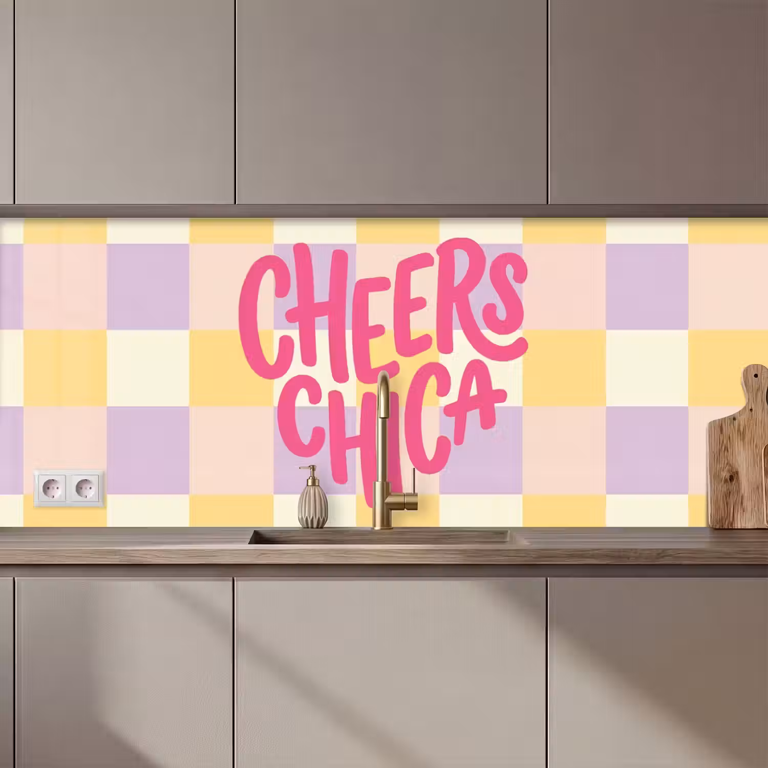 Cheers Chica - Ruitjes - Lila - Geel keuken achterwand 2 middel zz_3dshopping