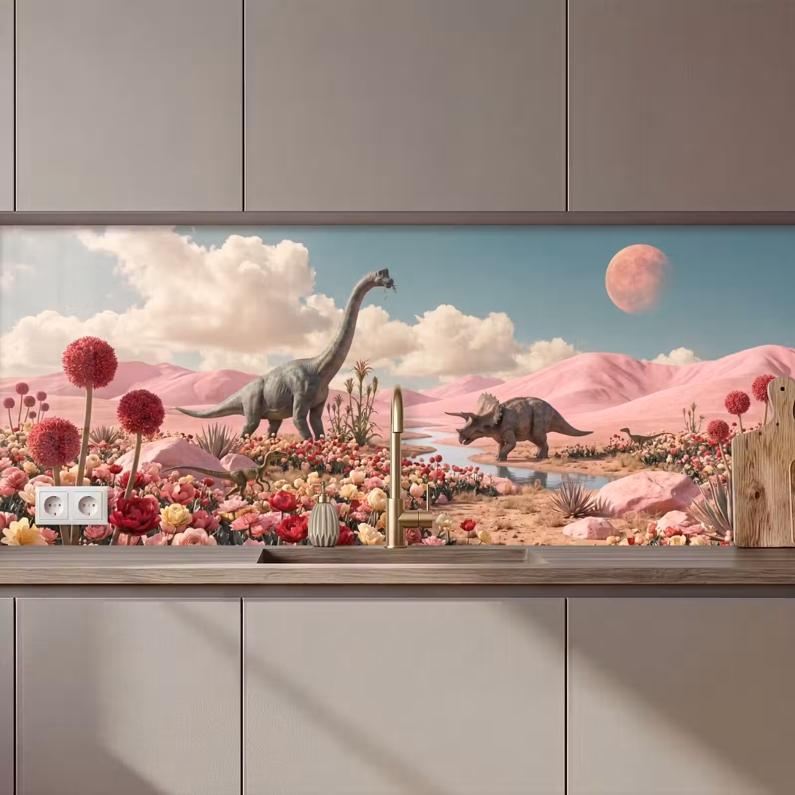 Küchenrückwand - Dinosaurier – Rosa – Landschaft - Dinosaurus - Roze - Landschap keuken achterwand 2 middel zz_3dshopping