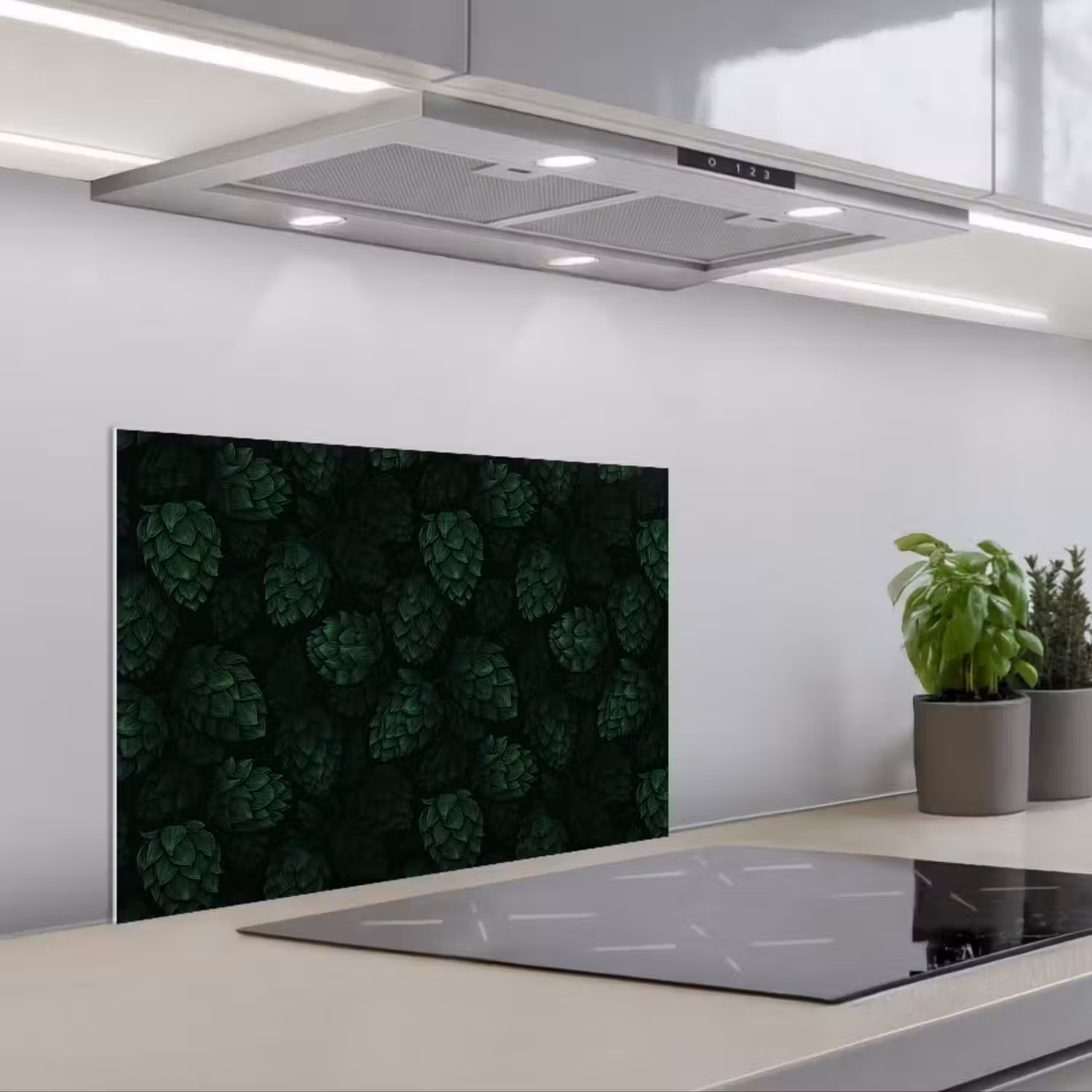 Donker - Groen - Hopbellen - Botanisch - Illustratie keuken achterwand spatscherm klein 900 -3d_schuin