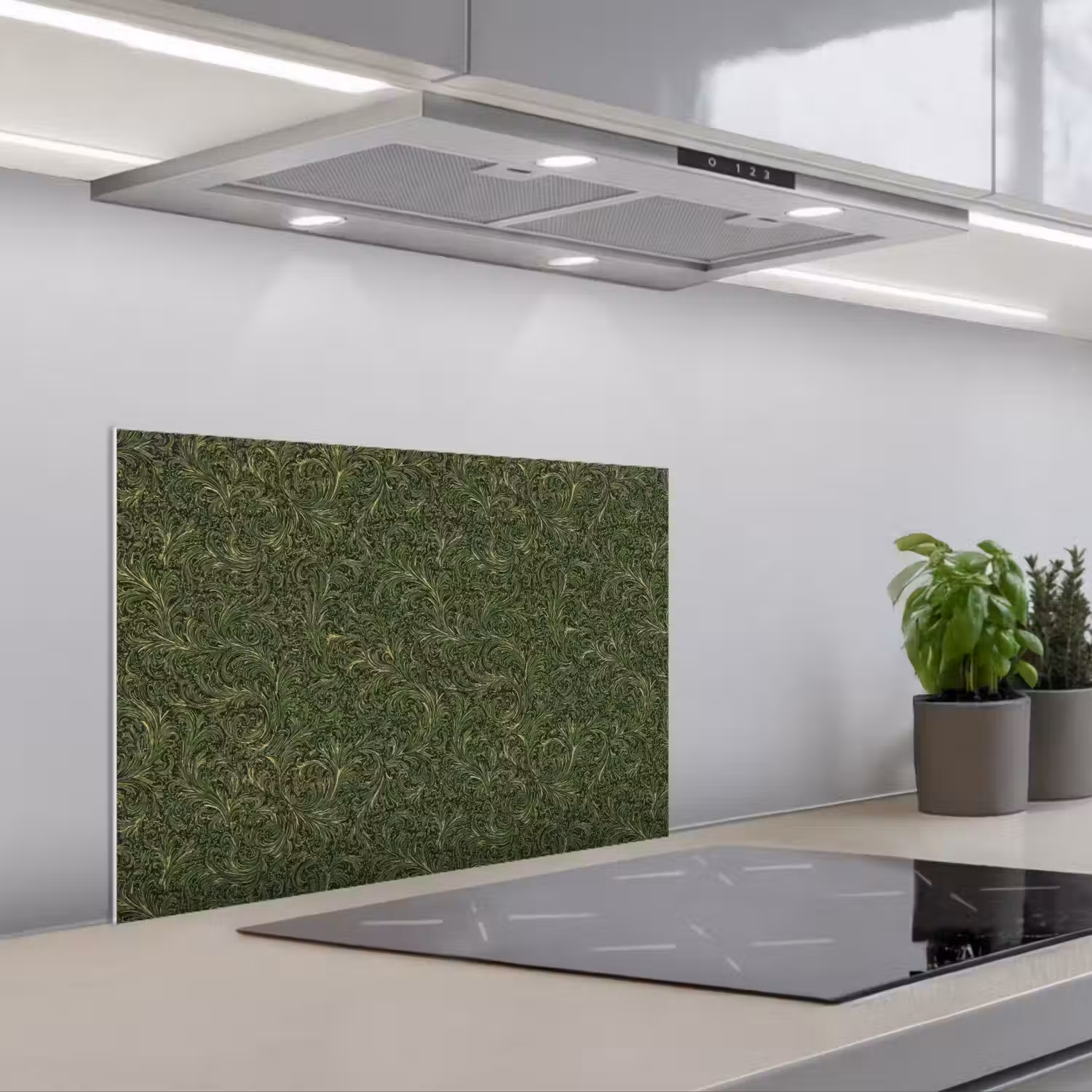 Donker - Groen - Krullend - Botanisch keuken achterwand spatscherm klein 900 -3d_schuin