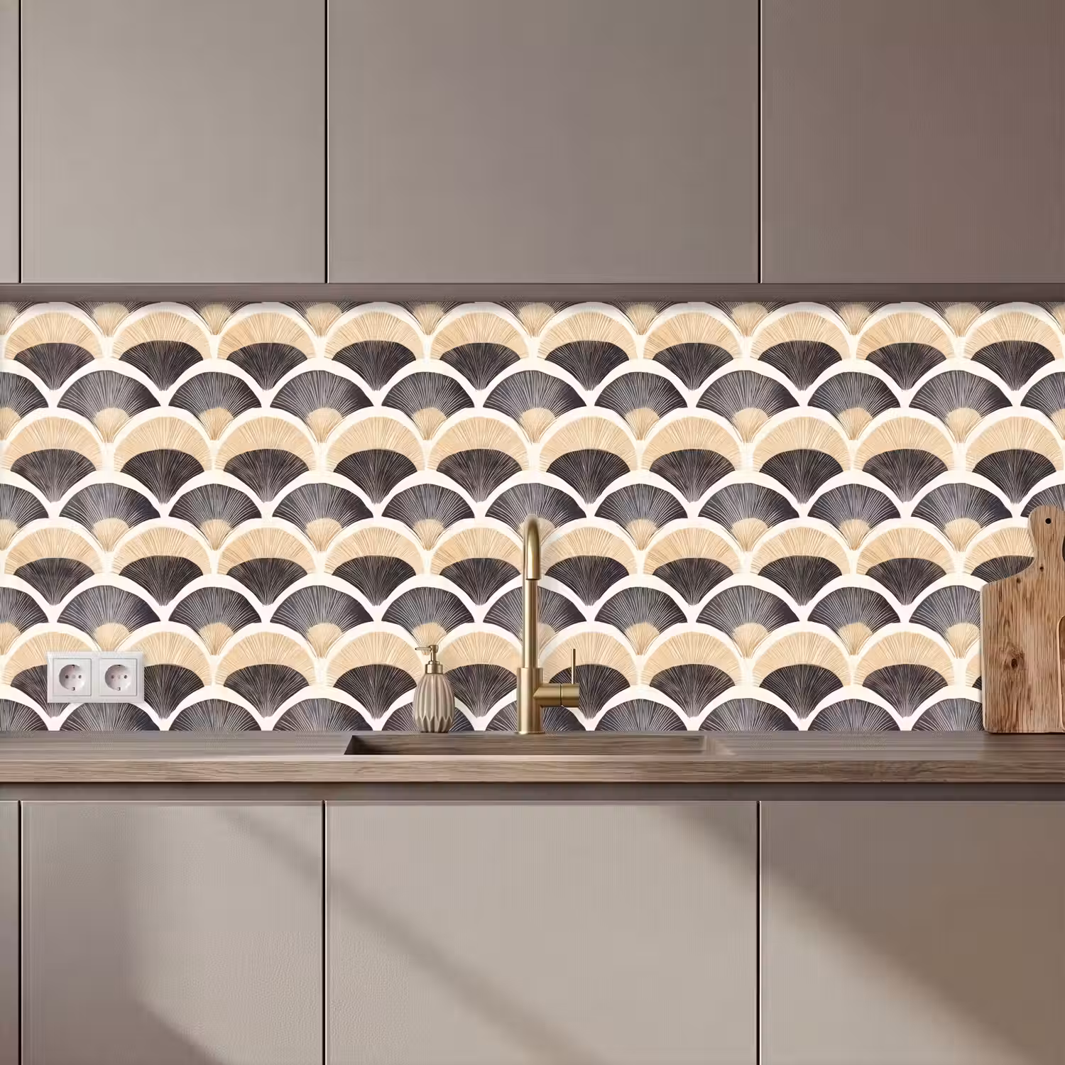 Waaier - Patroon - Zwart - Beige keuken achterwand 2 middel 871 zz_3dshopping
