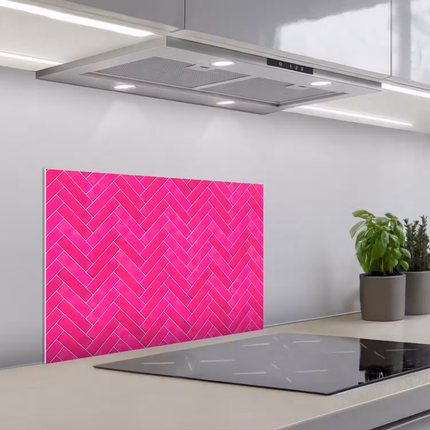 Visgraat - Wandtegel - Fuchsia - Roze keuken achterwand spatscherm klein 900 -3d_schuin