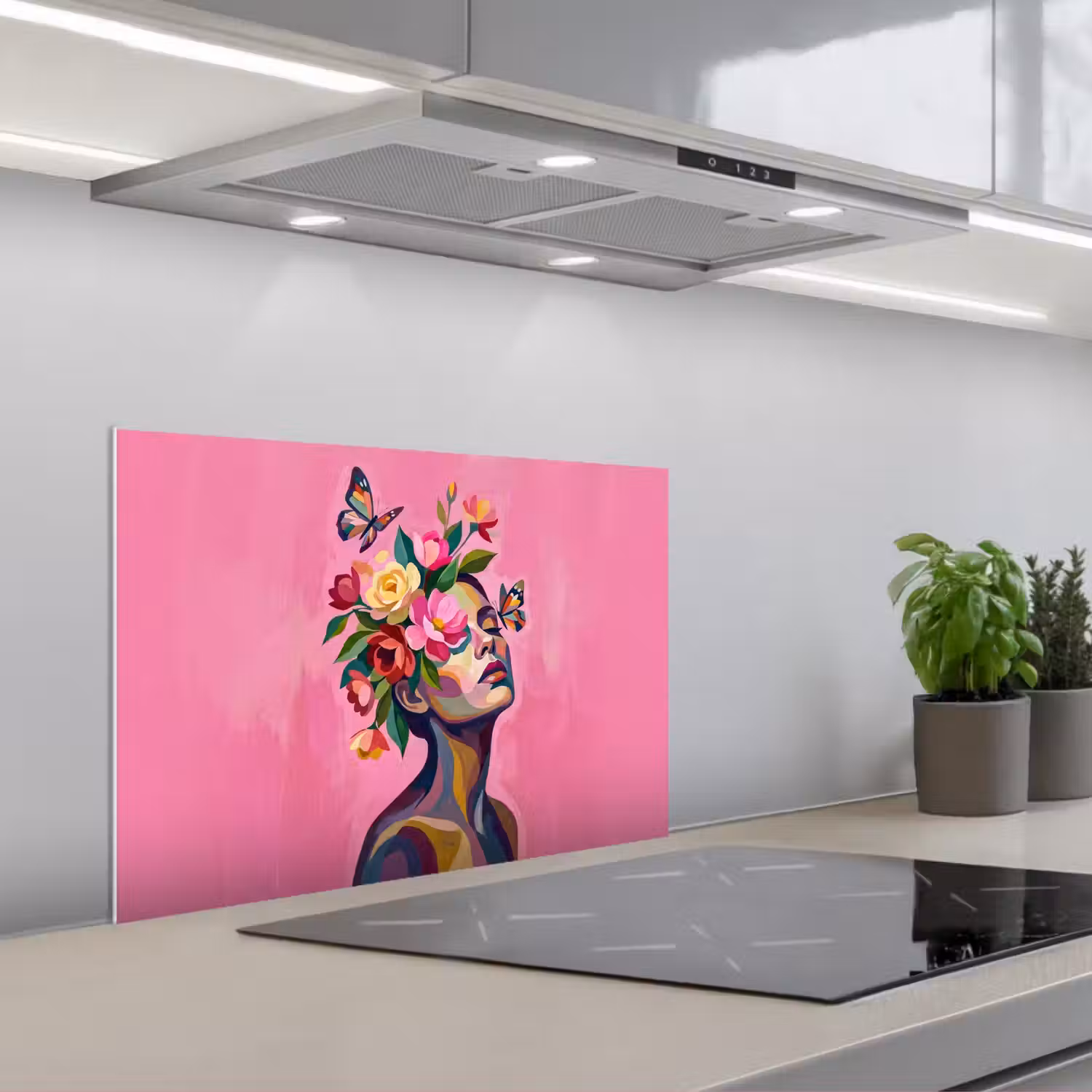 Vrouwengezicht - Vlinders - Kleurrijk keuken achterwand spatscherm klein -3d_schuin